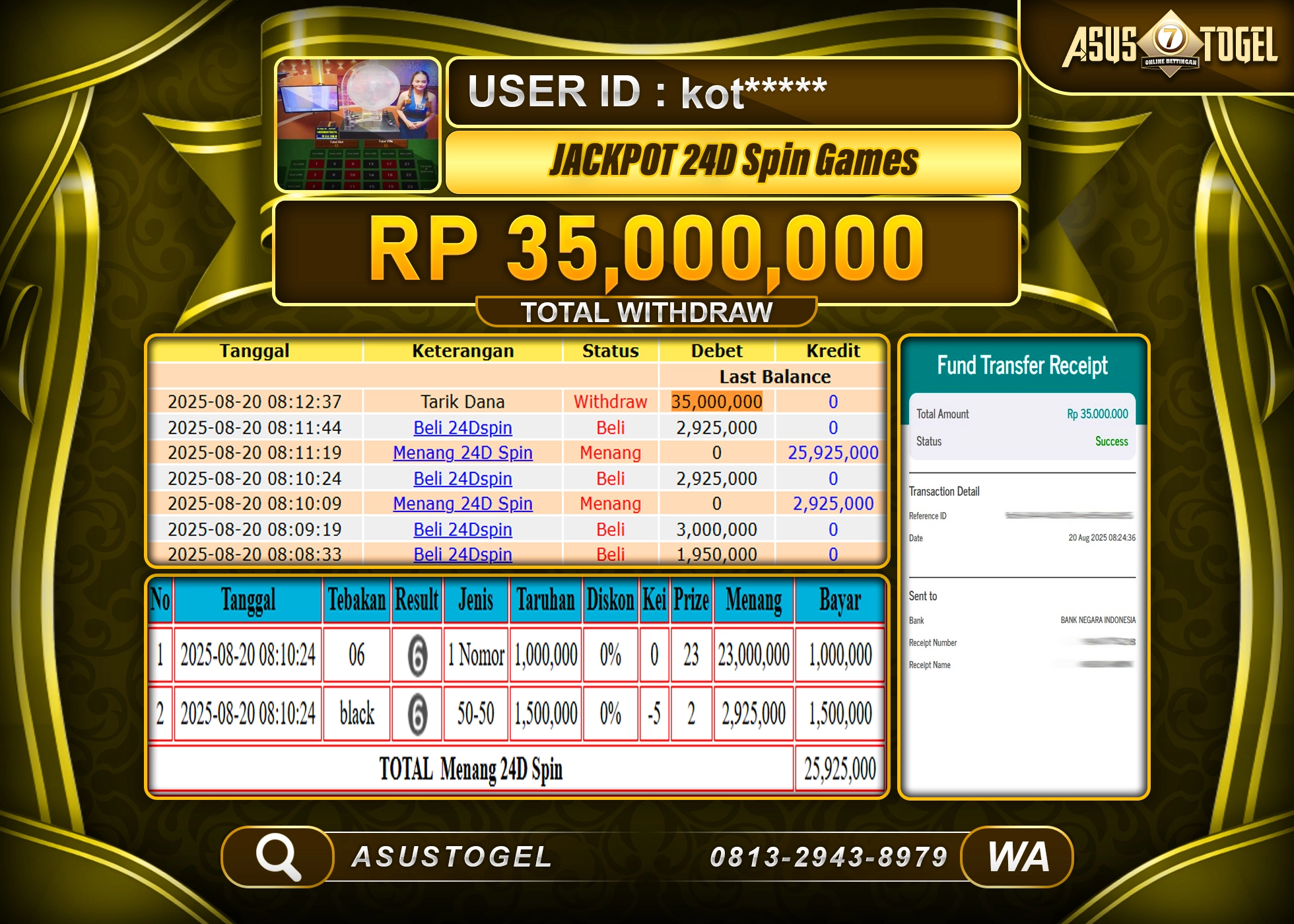 ASUSTOGEL KEMENANGAN DI LIVE GAMES 24D SPIN SEBESAR 35,000,000- RUPIAH LUNAS