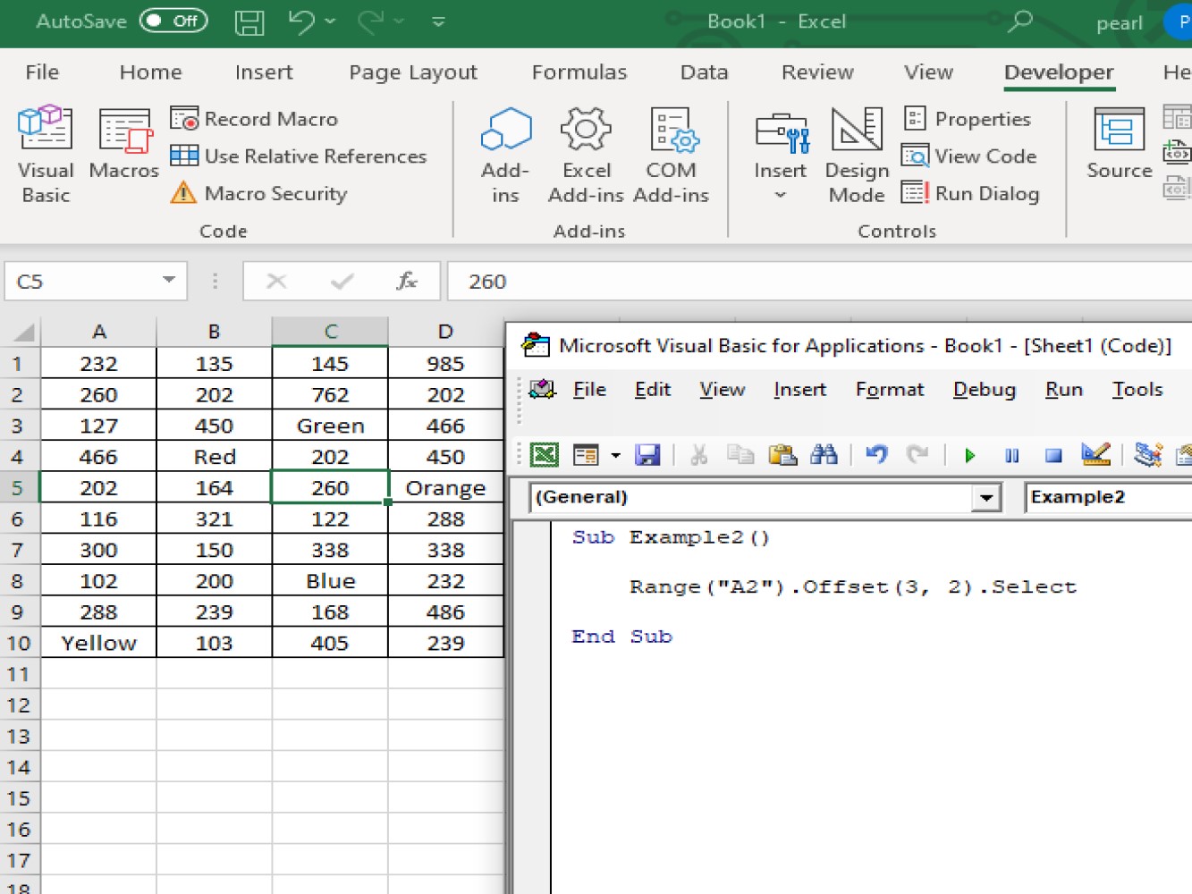 Screenshot of the code and result of column offset