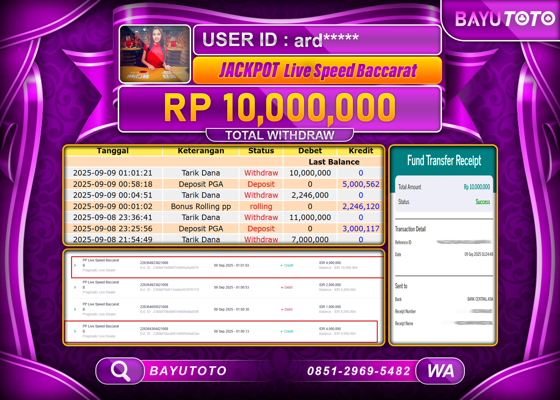 BAYUTOTO JACKPOT DI LIVEGAMES PP LIVE SPEED BACCARAT A Rp.10,000,000 LUNAS