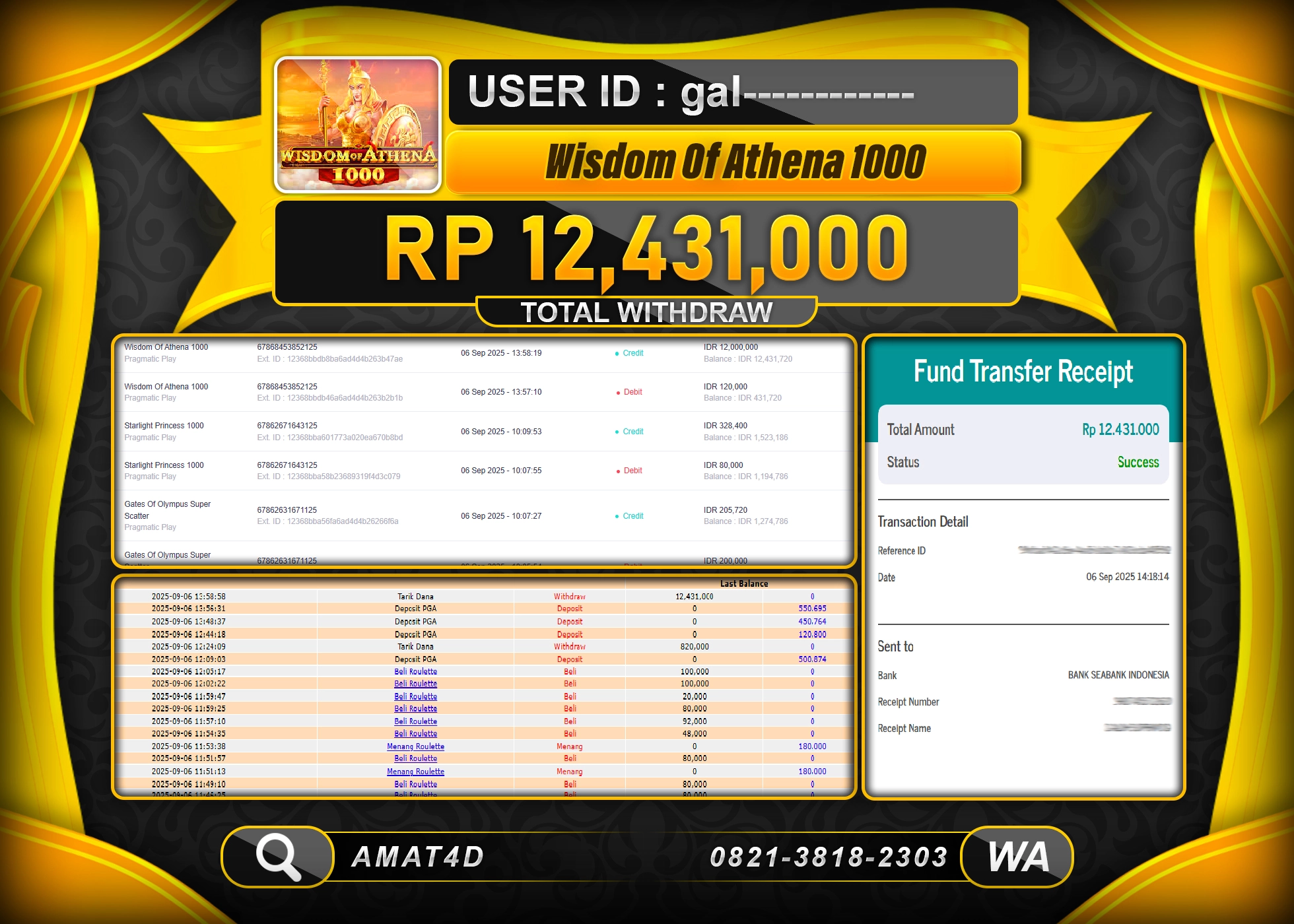 AMAT4D KEMENANGAN WISDOM OF ATHENA 1000  Rp.12.431.000 BERHASIL TERBAYAR LUNAS