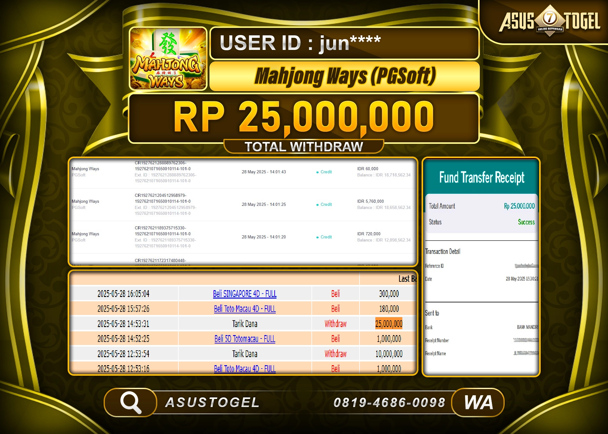  ASUSTOGEL KEMENANGAN DI SLOT MAHJONG WAYS SEBESAR 25,000,000- RUPIAH LUNAS
