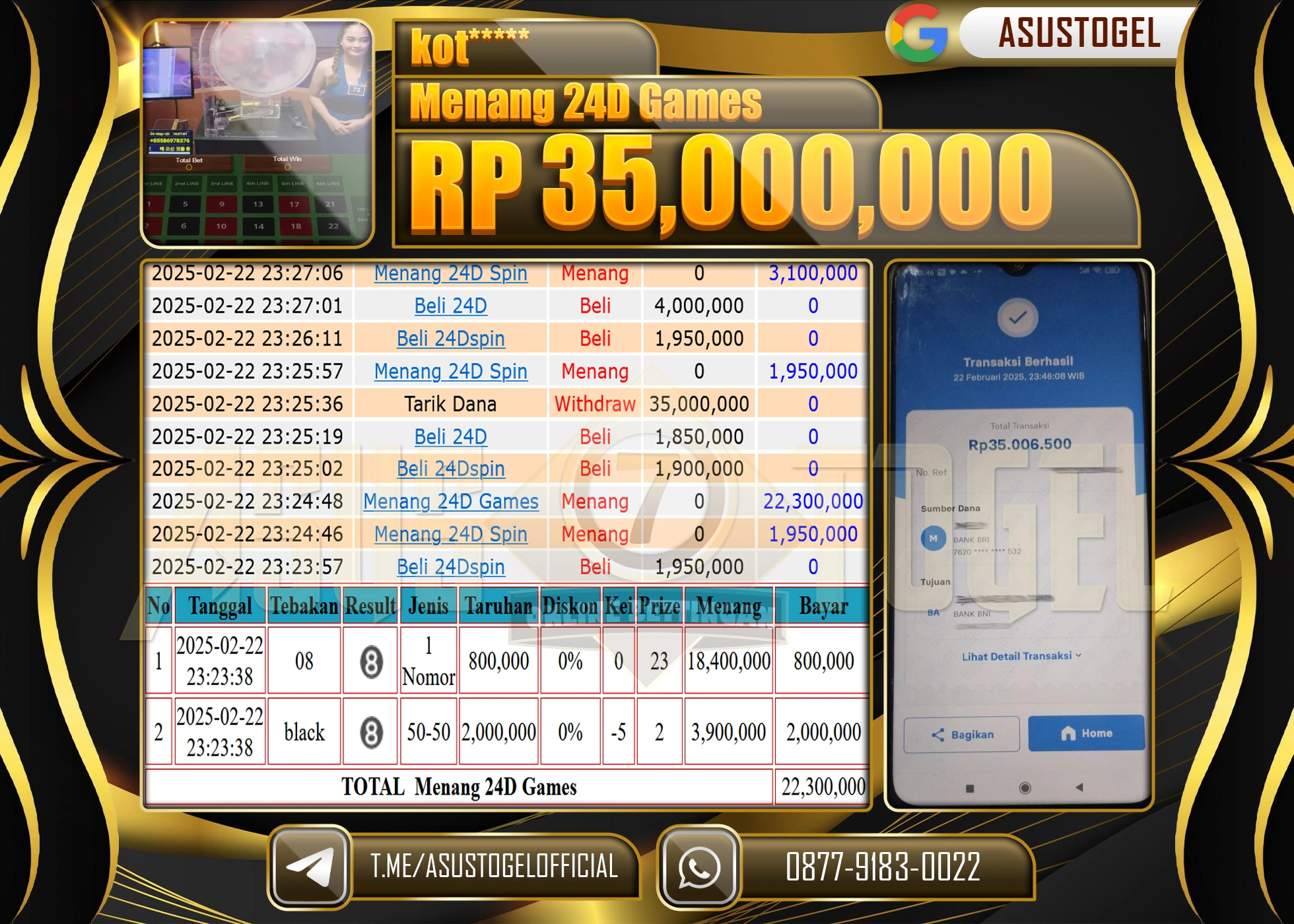 ASUSTOGEL KEMENANGAN DI LIVE GAMES 24D SPIN SEBESAR 35.000.000 - RUPIAH LUNAS