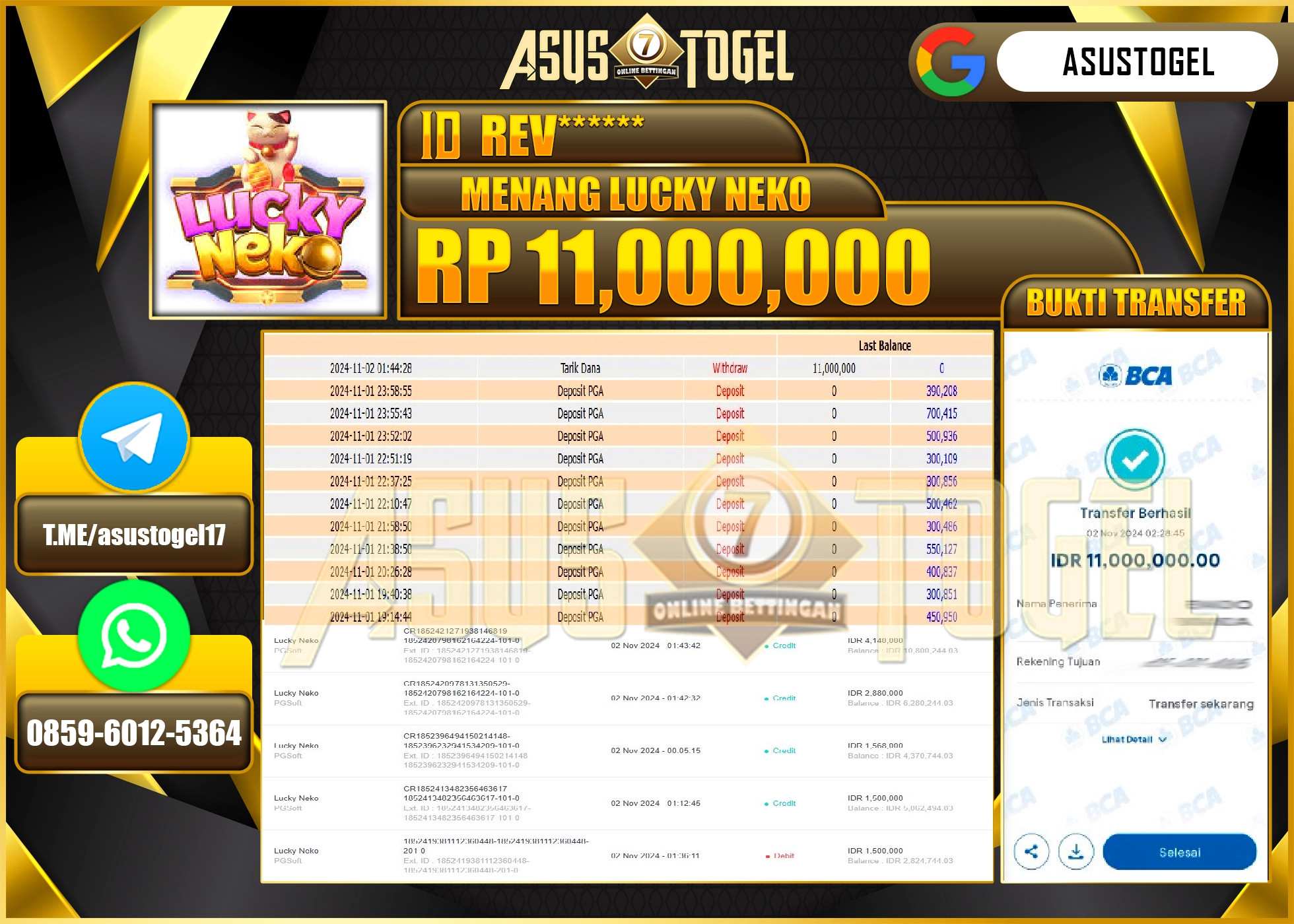 ASUSTOGEL KEMENANGAN DI SLOT LUCKY NEKO SEBESAR 11,000,000 -RUPIAH LUNAS