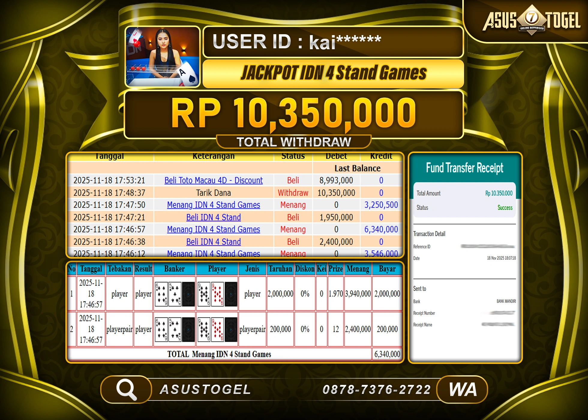 ASUSTOGEL KEMENANGAN DI LIVEGAME IDN 4 STAND GAMES SEBESAR 10,350,000 - RUPIAH LUNAS