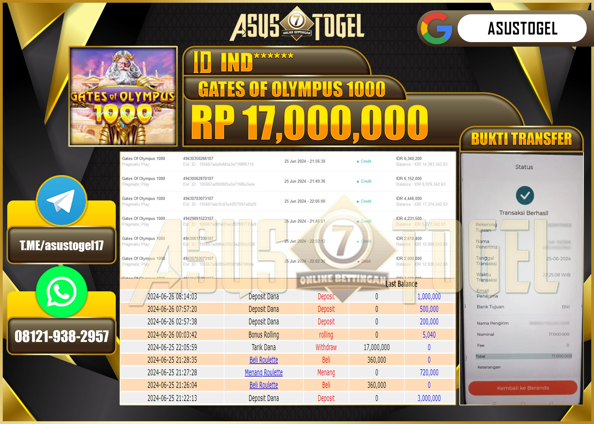 ASUSTOGEL KEMENANGAN GATES OF OLYMPUS 1000 SEBESAR 17,000,000-LUNAS