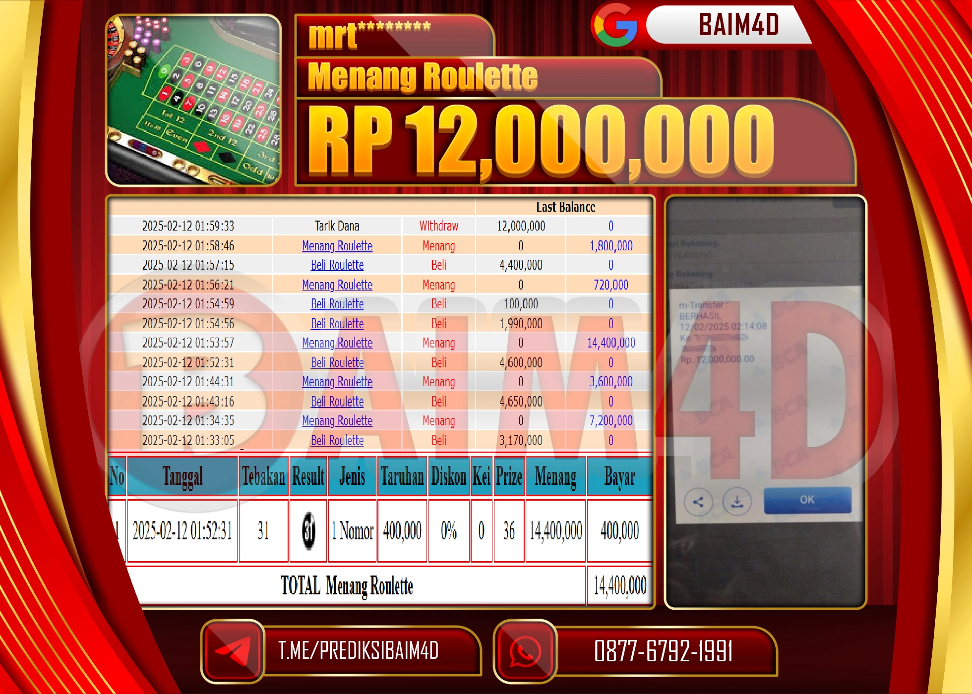 BAIM4D MENANG  MENANG ROULLETE GAMES   Rp.12.000,000.