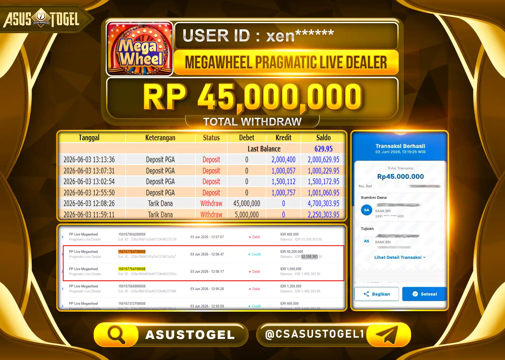 ASUSTOGEL KEMENANGAN JACKPOT  MEGAWHEEL PRAGMATIC LIVE DEALER Rp.45,000,000 - RUPIAH LUNAS