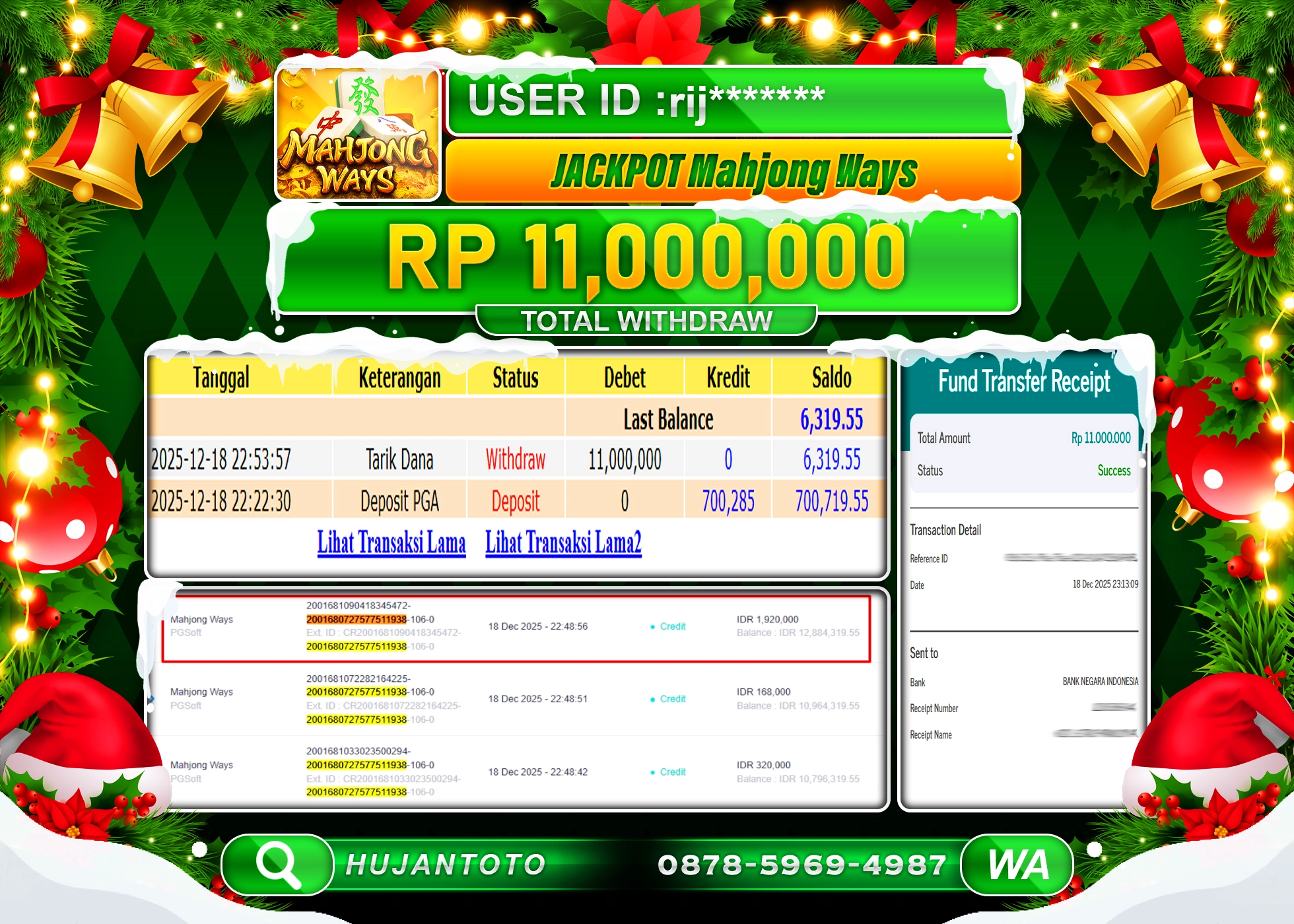 HUJANTOTO - BUKTI JACKPOT MENANG SLOT MAHJONG WAYS  PG SOFT Rp.11,000,000 - TERBAYAR LUNAS