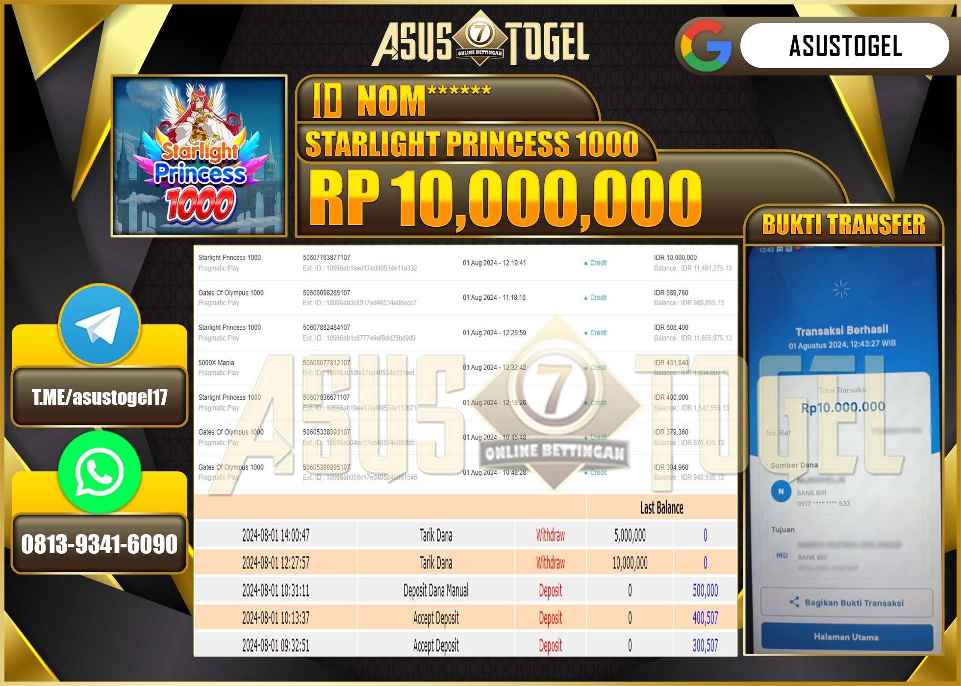 ASUSTOGEL KEMENANGAN DI  STARLIGHT PRINCESS 1000    SEBESAR 10,000,000- RUPIAH LUNAS
