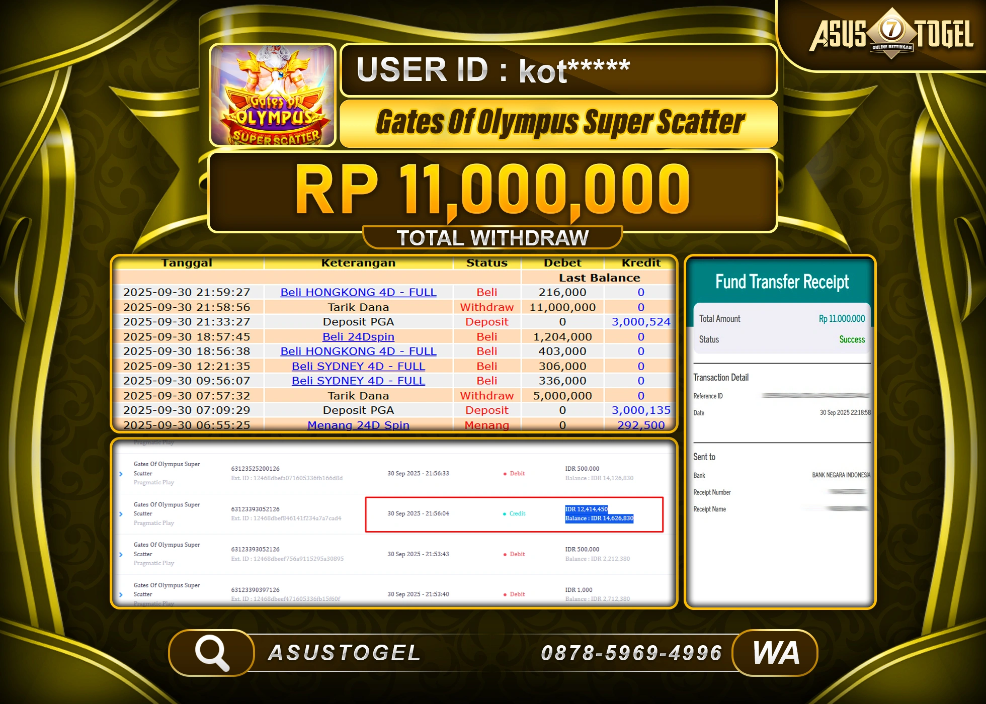 ASUSTOGEL KEMENANGAN DI SLOT GATE OF OLYMPUS SUPER SCATTER SEBESAR 11,000,000- RUPIAH LUNAS