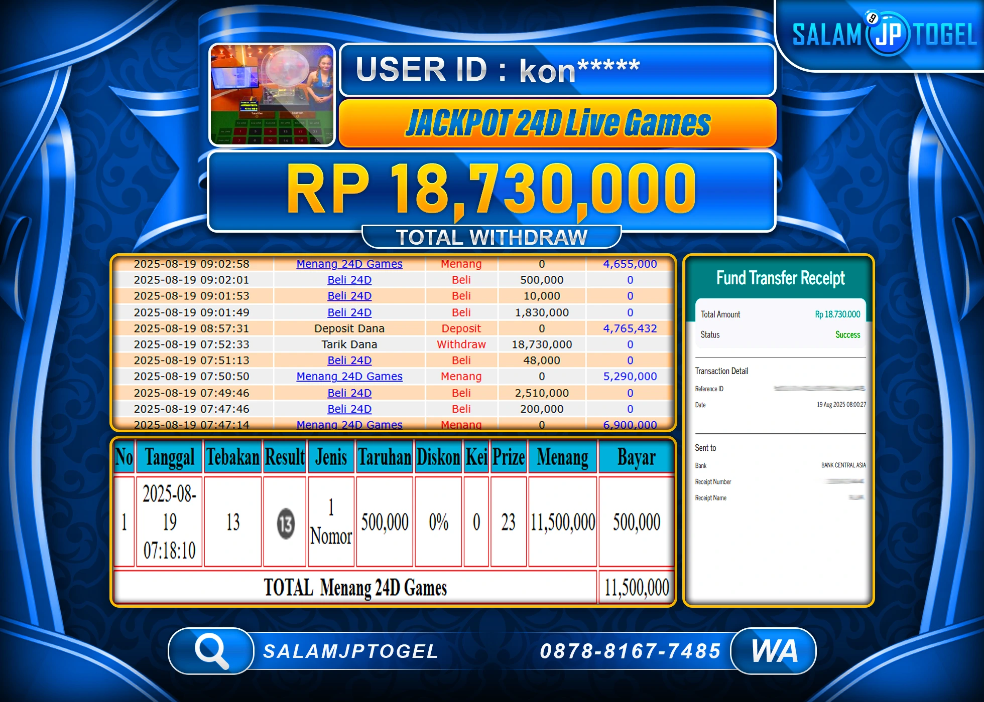 SALAMJPTOGEL MENANG 24D LIVE GAMES  Rp.18,730,000