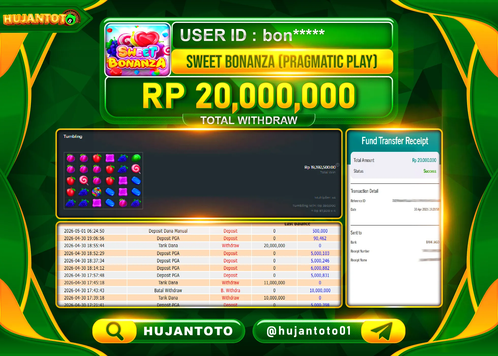 HUJANTOTO - BUKTI JACKPOT MENANG SLOT SWEET BONANZA Rp.20,000,000 - TERBAYAR LUNAS