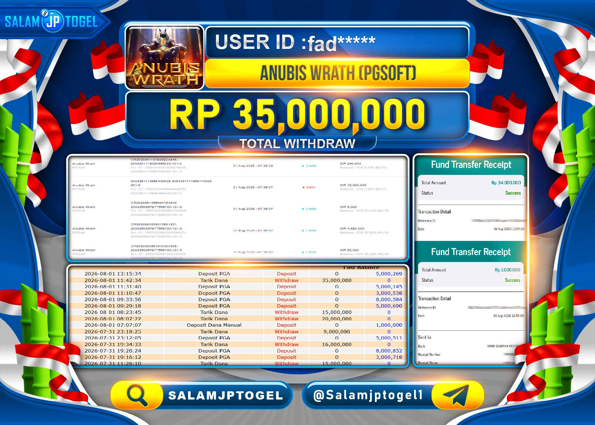 SALAMJPTOGEL JACKPOT MENANG SLOT ANUBIS WRATH  Rp.35,000,000 - LUNAS