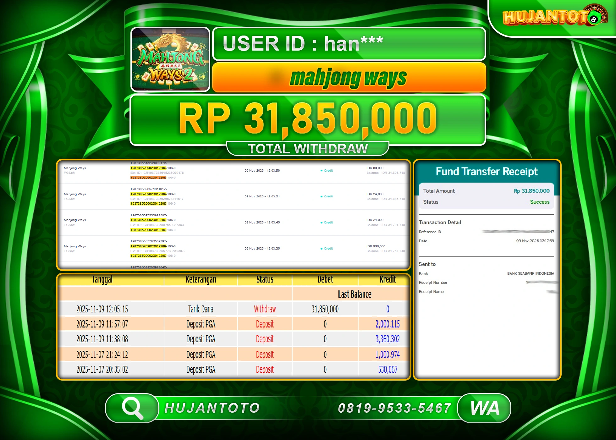 HUJANTOTO - BUKTI JACKPOT MENANG SLOT MAHJONG WAYS Rp.31,850,000 - TERBAYAR LUNAS