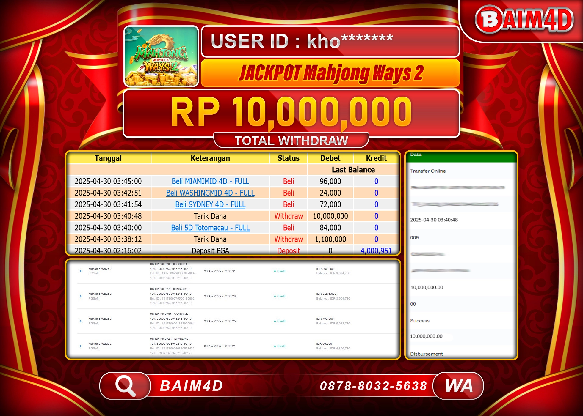 BAIM4D JACKPOT PG SOFT MAHJONG WAYS 2  Rp.10.000,000.- LUNAS