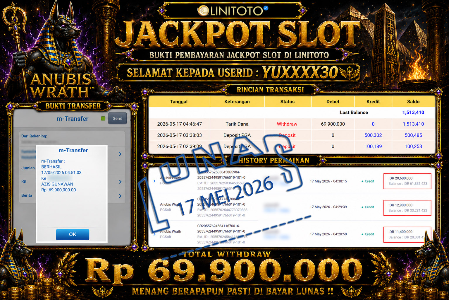 LINITOTO JACKPOT SLOT Anubis Wrath Rp.69,900,000 - LUNAS