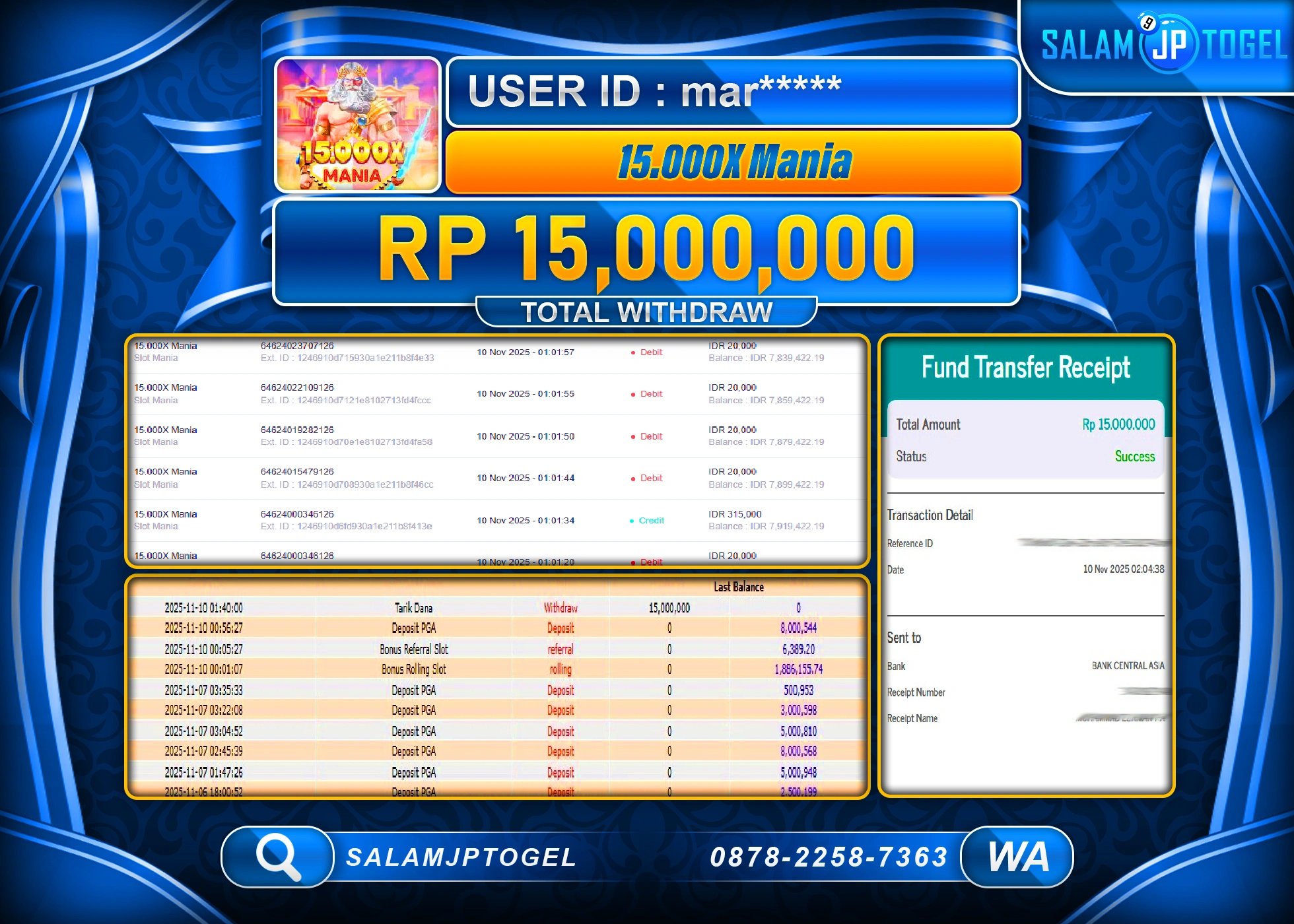 SALAMJPTOGEL MENANG SLOT 15.000X MANIA Rp.15,000,000  - LUNAS