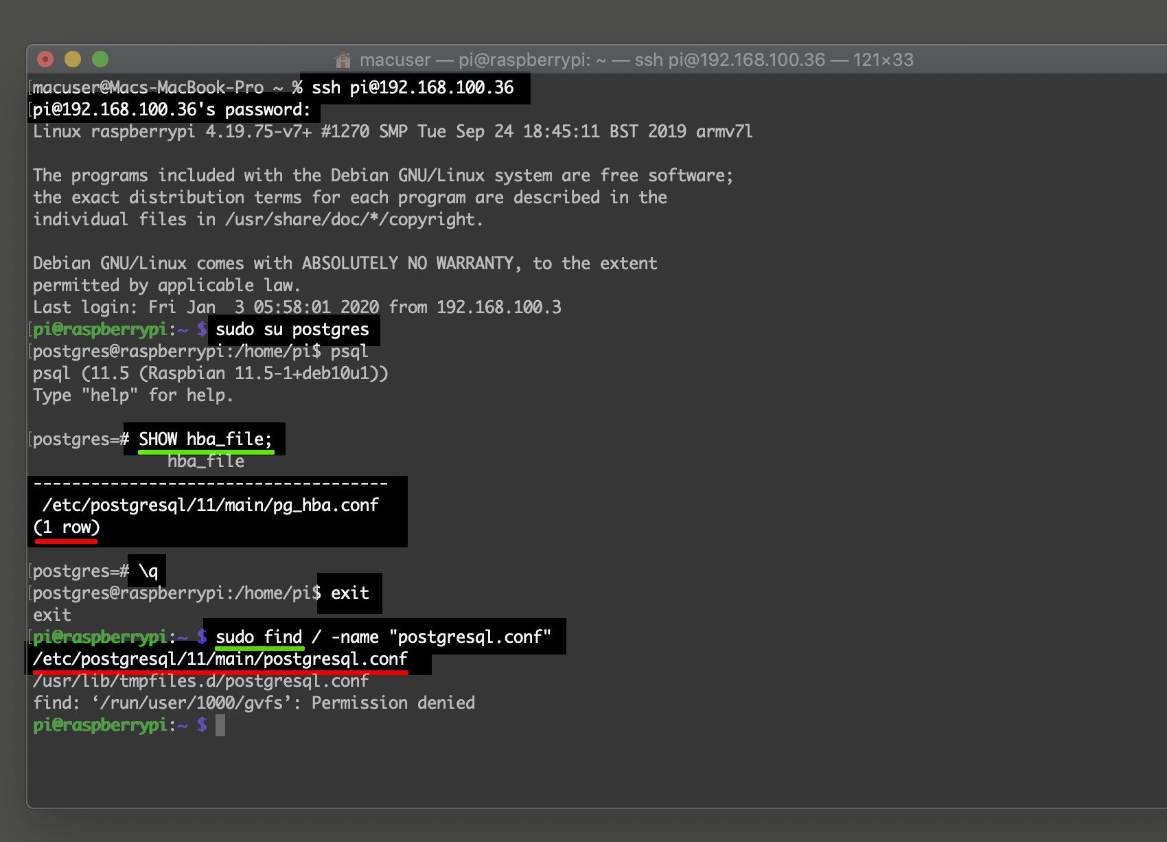 Screenshot PostgreSQL Raspberry Pi SSH connection getting configuration files for Postgres