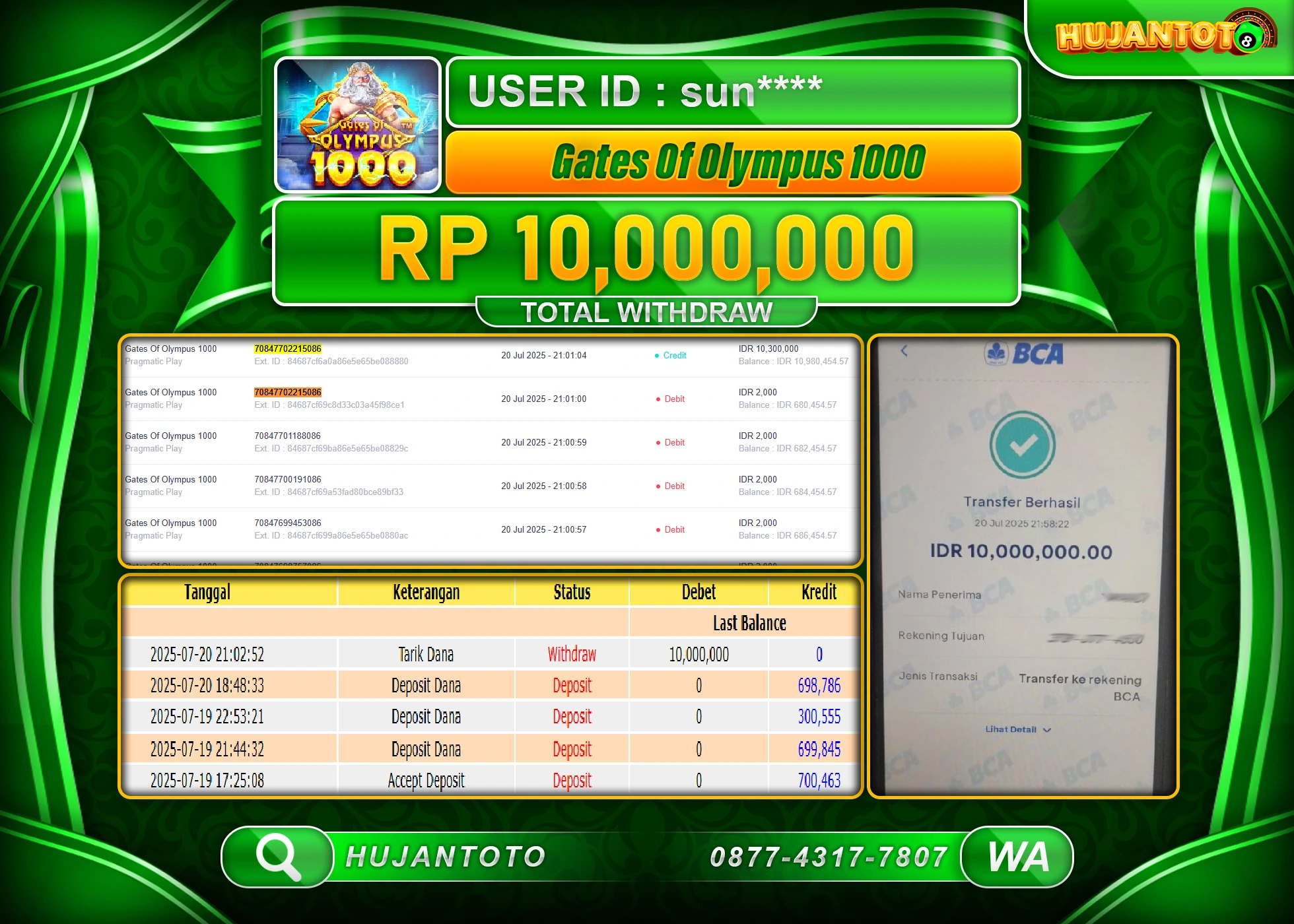 HUJANTOTO - BUKTI JACKPOT MENANG SLOT GATES OF OLYMPUS 1000 Rp.10,000,000 - TERBAYAR LUNAS