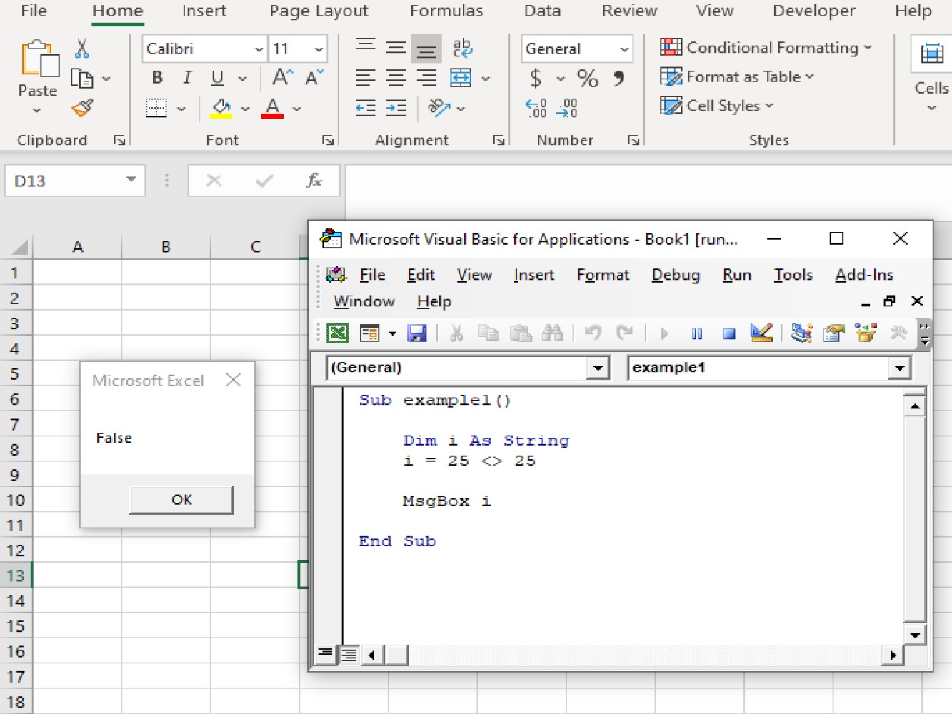 Screenshot of the code for not equal in vba