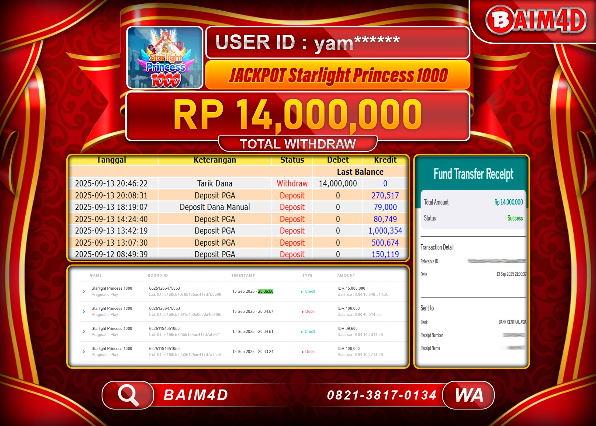 BAIM4D JACKPOT SLOT STARLIGHT PRINCESS 1000 Rp.14,000,000.- LUNAS