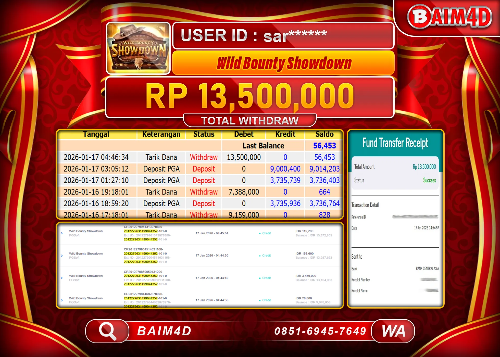 BAIM4D JACKPOT SLOT WILD BOUNTY SHOWDOWN Rp.13,500,000 - LUNAS