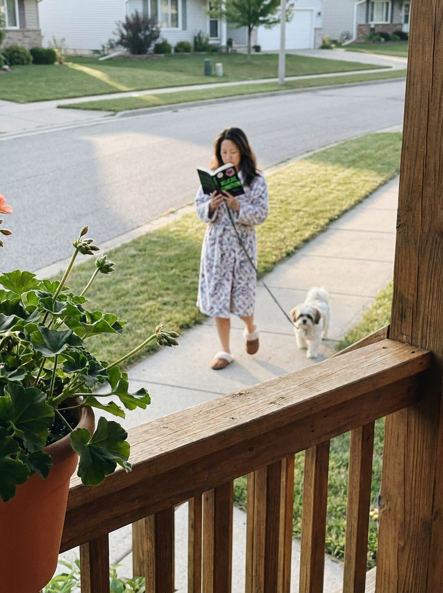 Reading on a morning dog walk