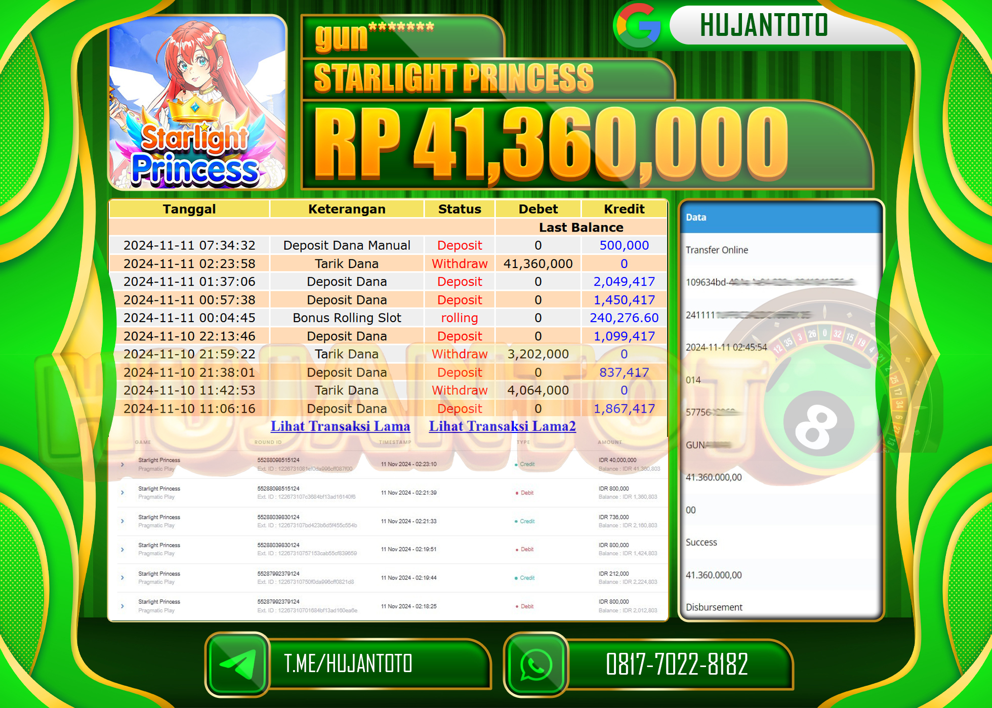 HUJANTOTO MENANG DI PERMAINAN  DI RAIH SLOT STARLIGHT PRINCESS   - 41,360,000  - LUNAS