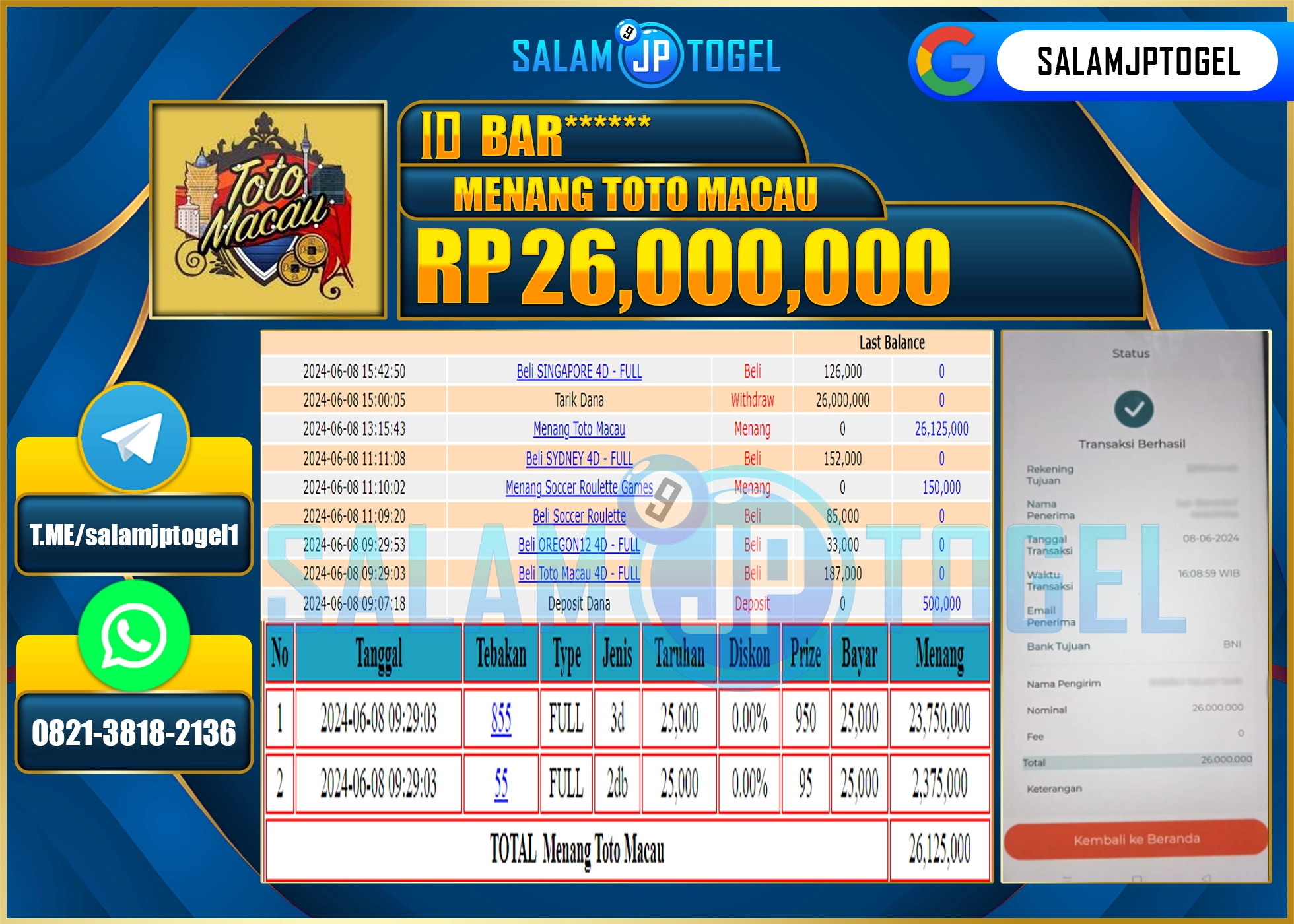 SALAMJPTOGEL MENANG TOTO MACAU RP. 26,000,000.,LUNAS
