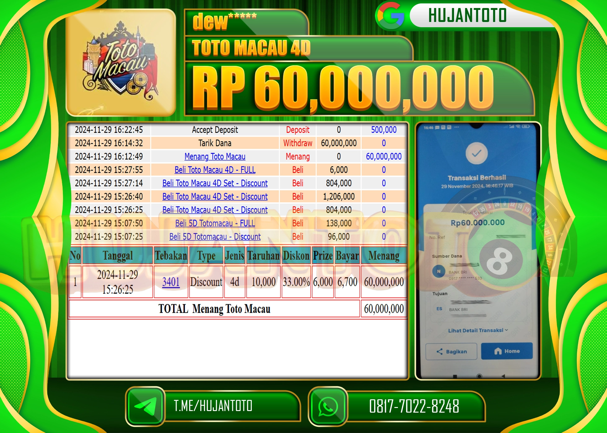 HUJANTOTO KEMENANGAN JACKPOT  BESAR DI RAIH GAME TOGEL TOTO MACAU 4D - 60,000,000 - LUNAS