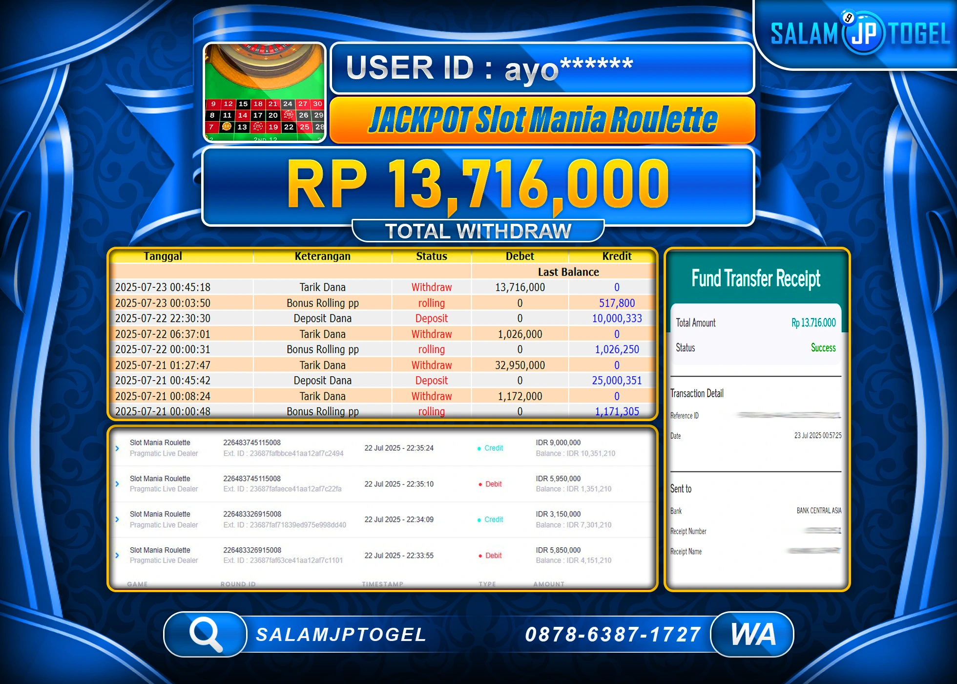 SALAMJPTOGEL MENANG MANIA ROULETTE Rp.13,716,000