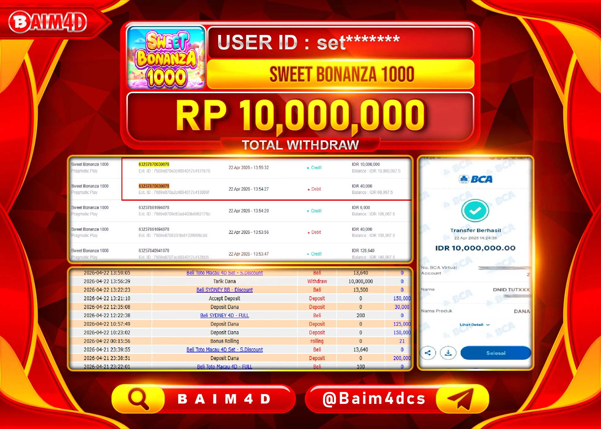 BAIM4D JACKPOT  SLOT SWEET BONANZA 1000 Rp.10,000,000 - LUNAS