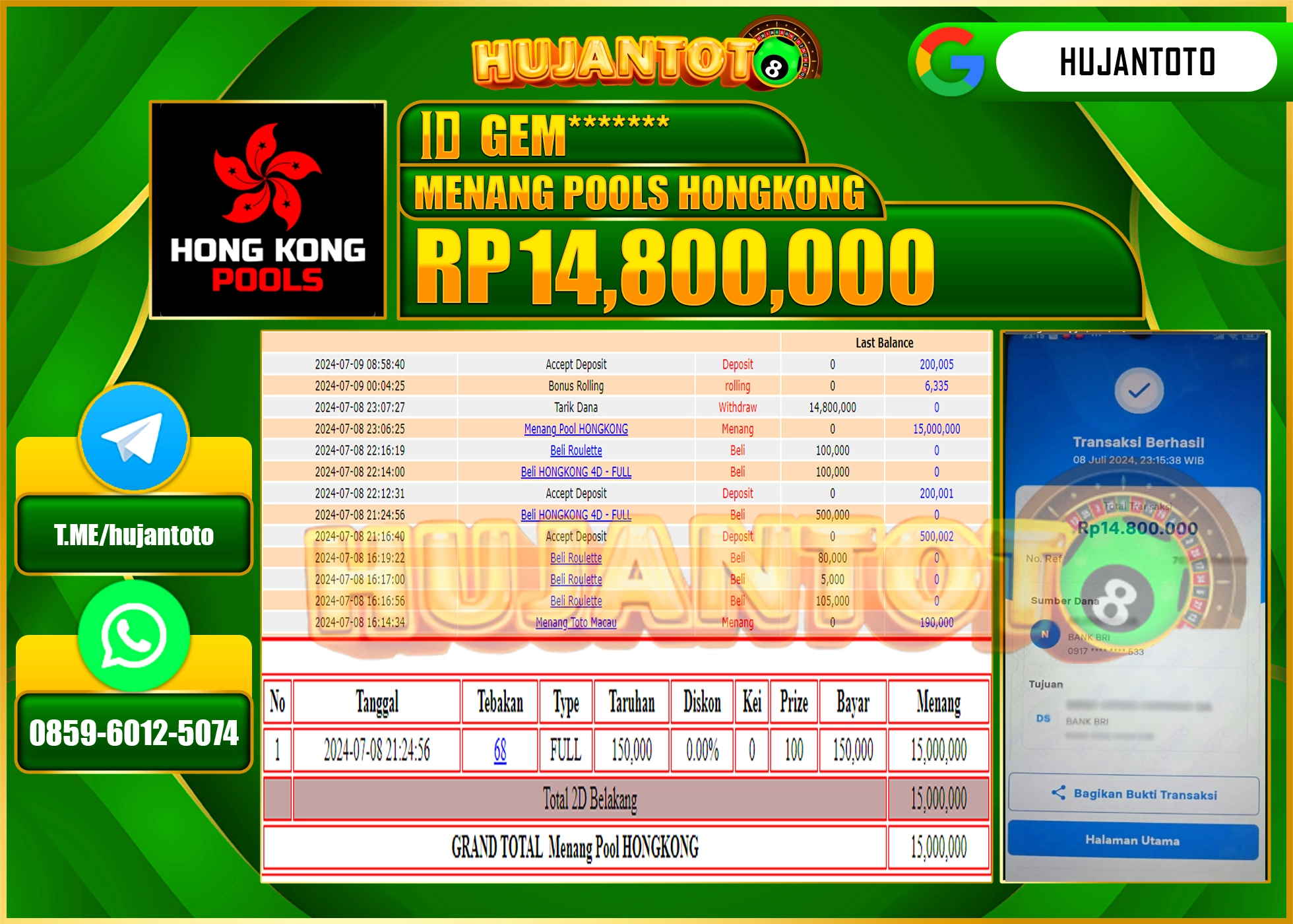 HUJANTOTO MENANG TOGEL HONGKONG POOLS, 14,800,000 - LUNAS 