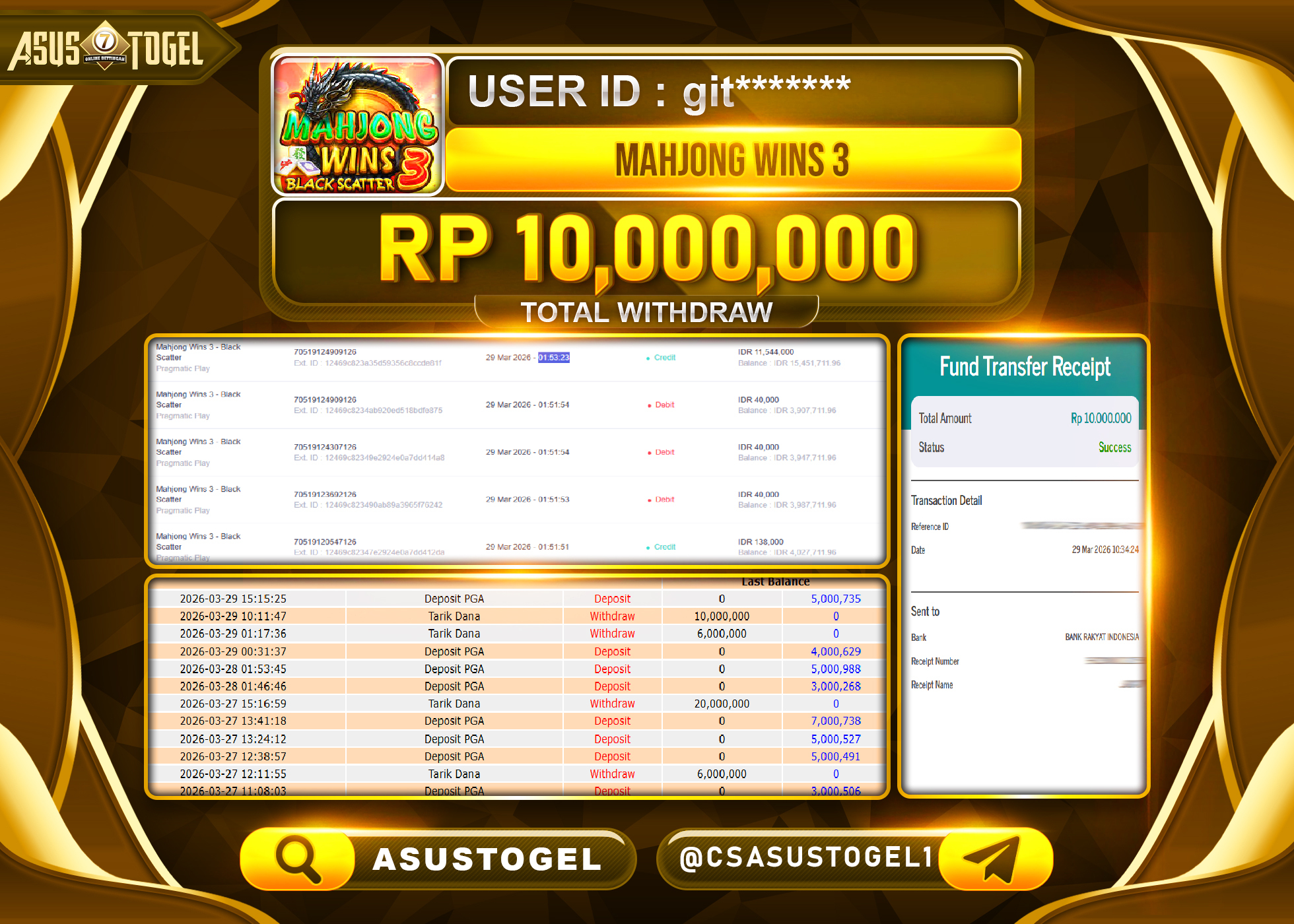 ASUSTOGEL KEMENANGAN JACKPOT DI SLOT MAHJONG WINS 3 PG SOFT SEBESAR Rp.10,000,000 - RUPIAH LUNAS