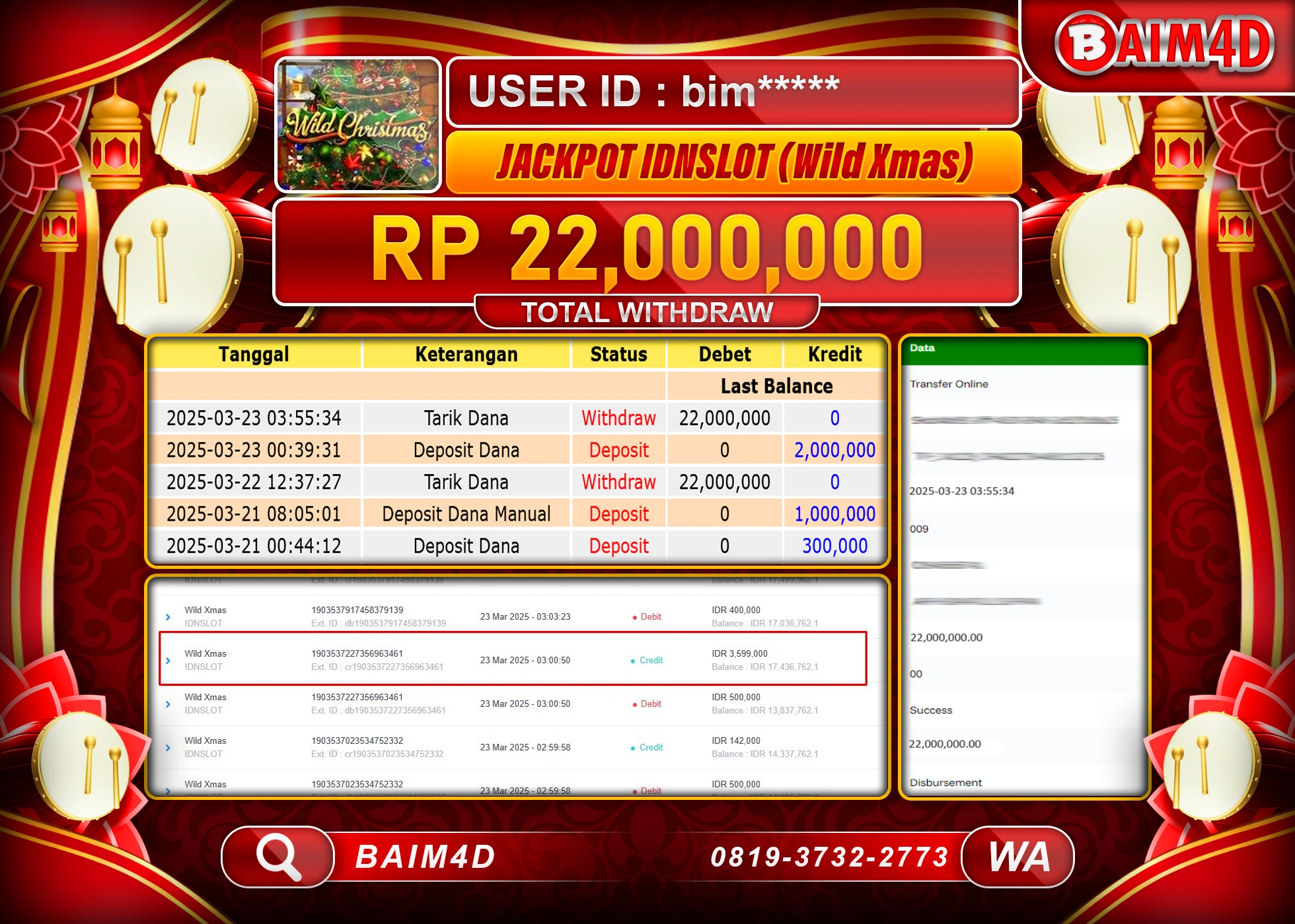 BAIM4D JACKPOT  MENANG  IDN SLOT (WILD XMAS)  Rp.22.000,000.- LUNAS