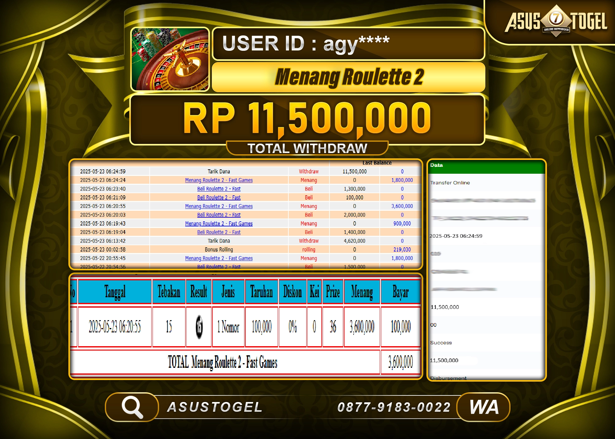  ASUSTOGEL KEMENANGAN DI LIVE GAME ROULETTE 2 SEBESAR 11,500,000- RUPIAH LUNAS