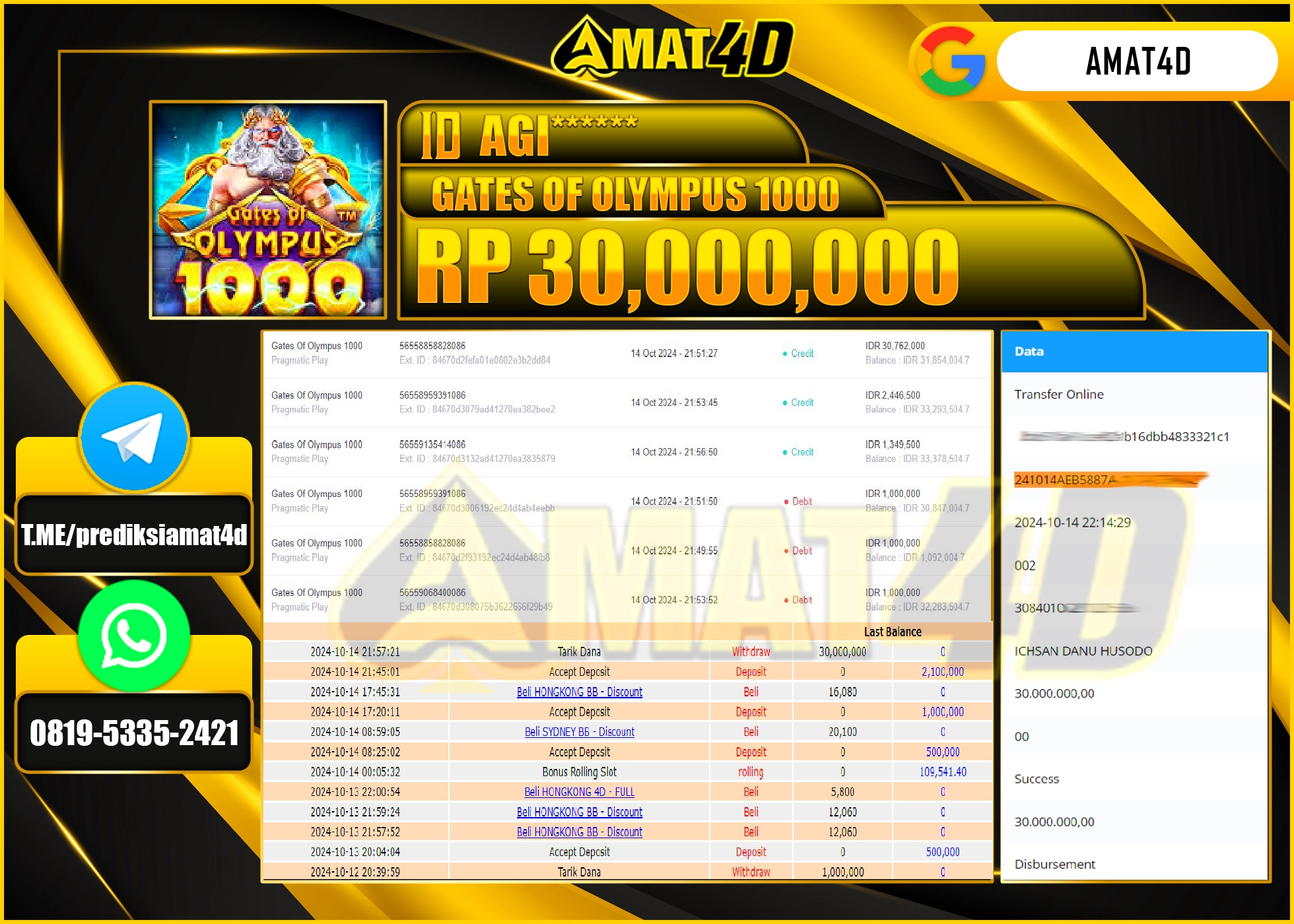 AMAT4D JACKPOT SLOT GATES OF OLYMPUS 1000 Rp.30.000.000 BERHASIL DI BAYAR LUNAS