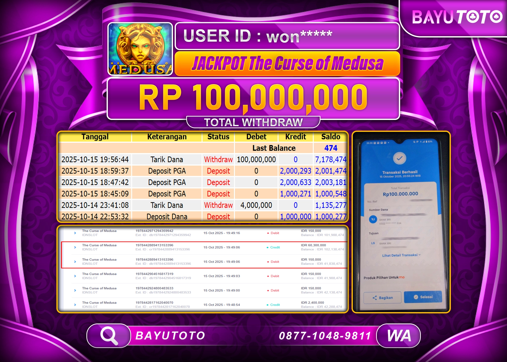MEMBER BAYUTOTO JACKPOT DI GAME IDN SLOT THE CURSE OF MEDUSA Rp.100.000.000 LUNAS