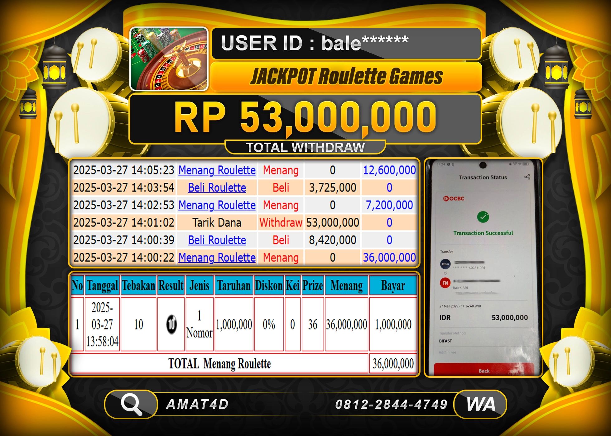 AMAT4D KEMENANGAN ROULETTE GAMES Rp.53.000.000 BERHASIL TERBAYAR LUNAS