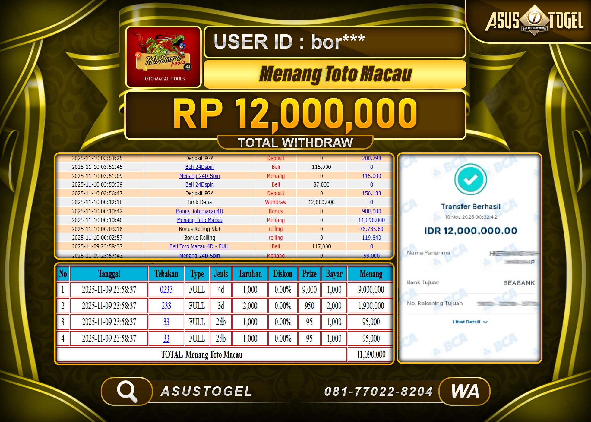 ASUSTOGEL KEMENANGAN DI TOGEL TOTO MACAU 4D SEBESAR 12,000,000 - RUPIAH LUNAS