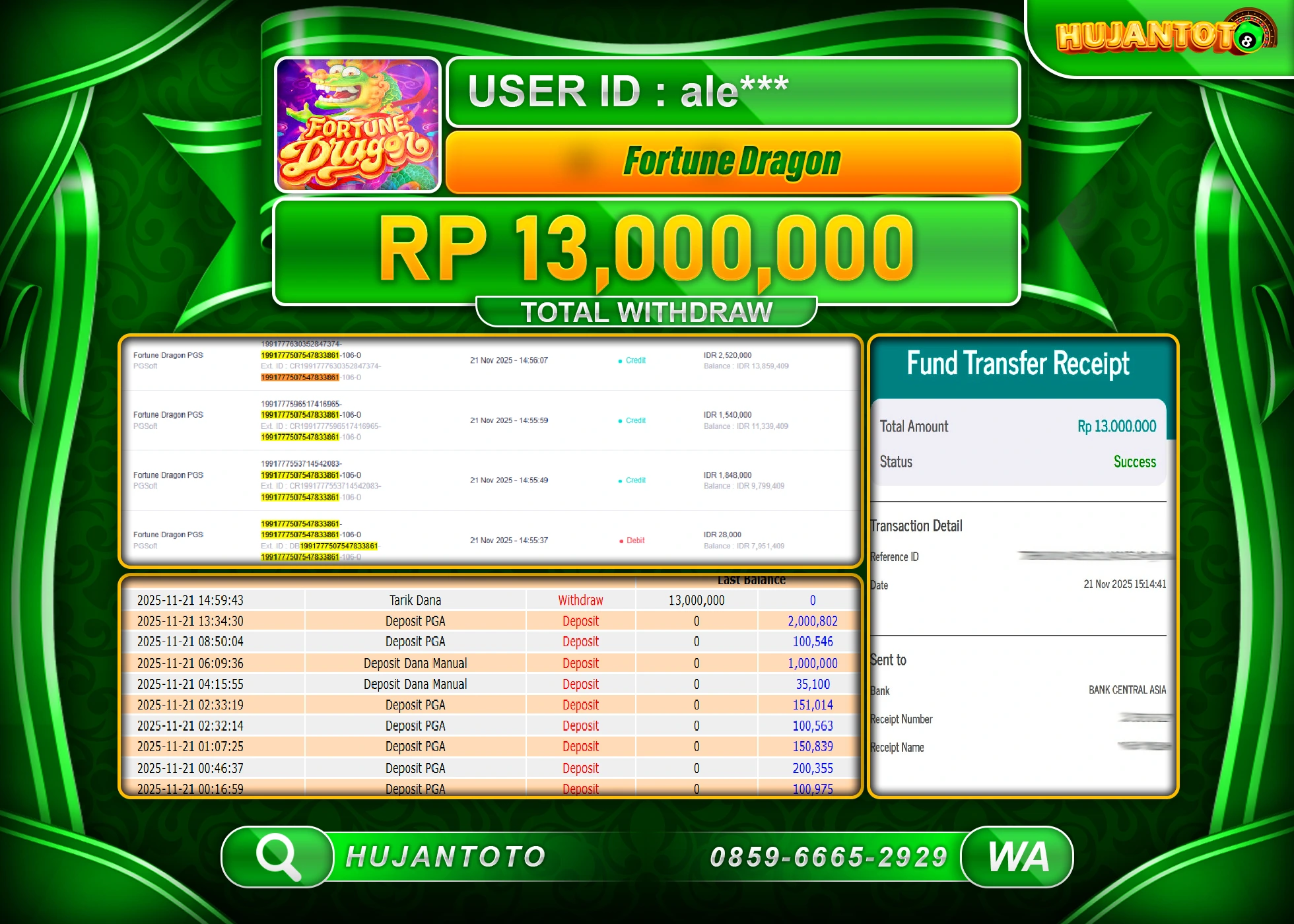 HUJANTOTO - BUKTI JACKPOT MENANG SLOT FORTUNE DRAGON Rp.13,000,000 - TERBAYAR LUNAS