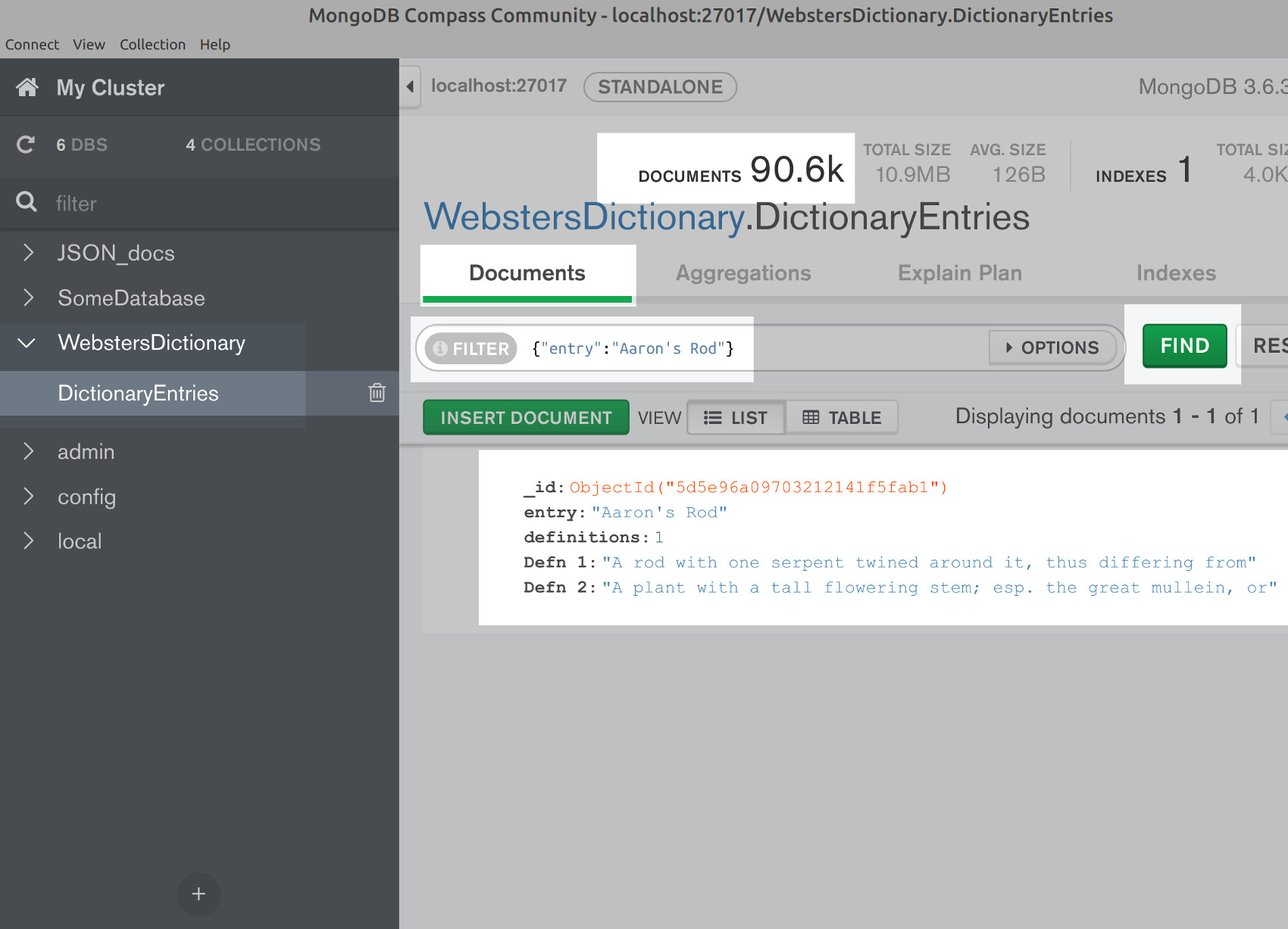 Screenshot of MongoDB Compass GUI filtering documents parsed from entries in Webster's dictionary