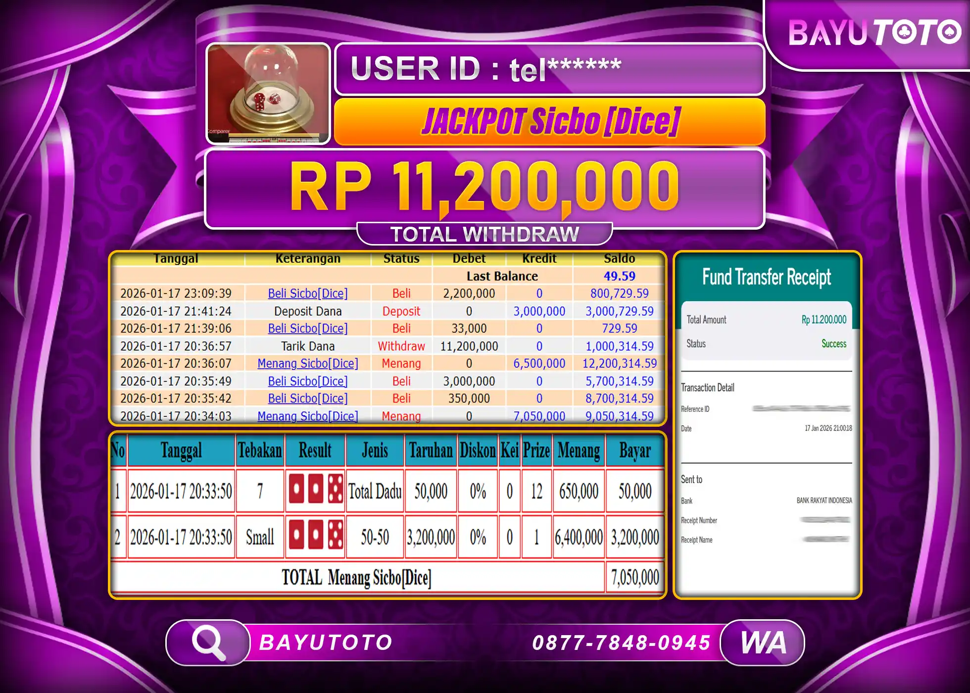 SELAMAT MEMBER BAYUTOTO JACKPOT CASINO SICBO {DICE} GAME  Rp. 11,200,000 LUNAS