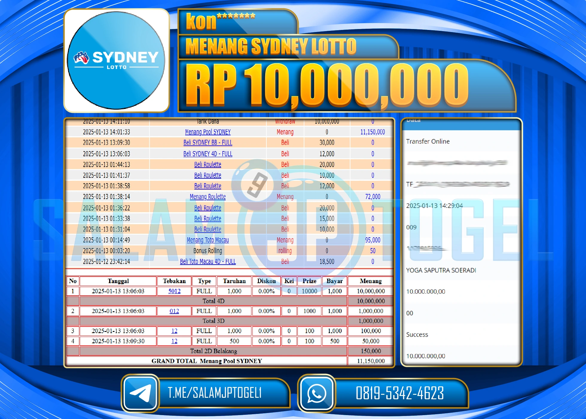 SALAMJPTOGEL MENANG TOGEL SYDNEY LOTTO Rp.10,000,000 LUNAS