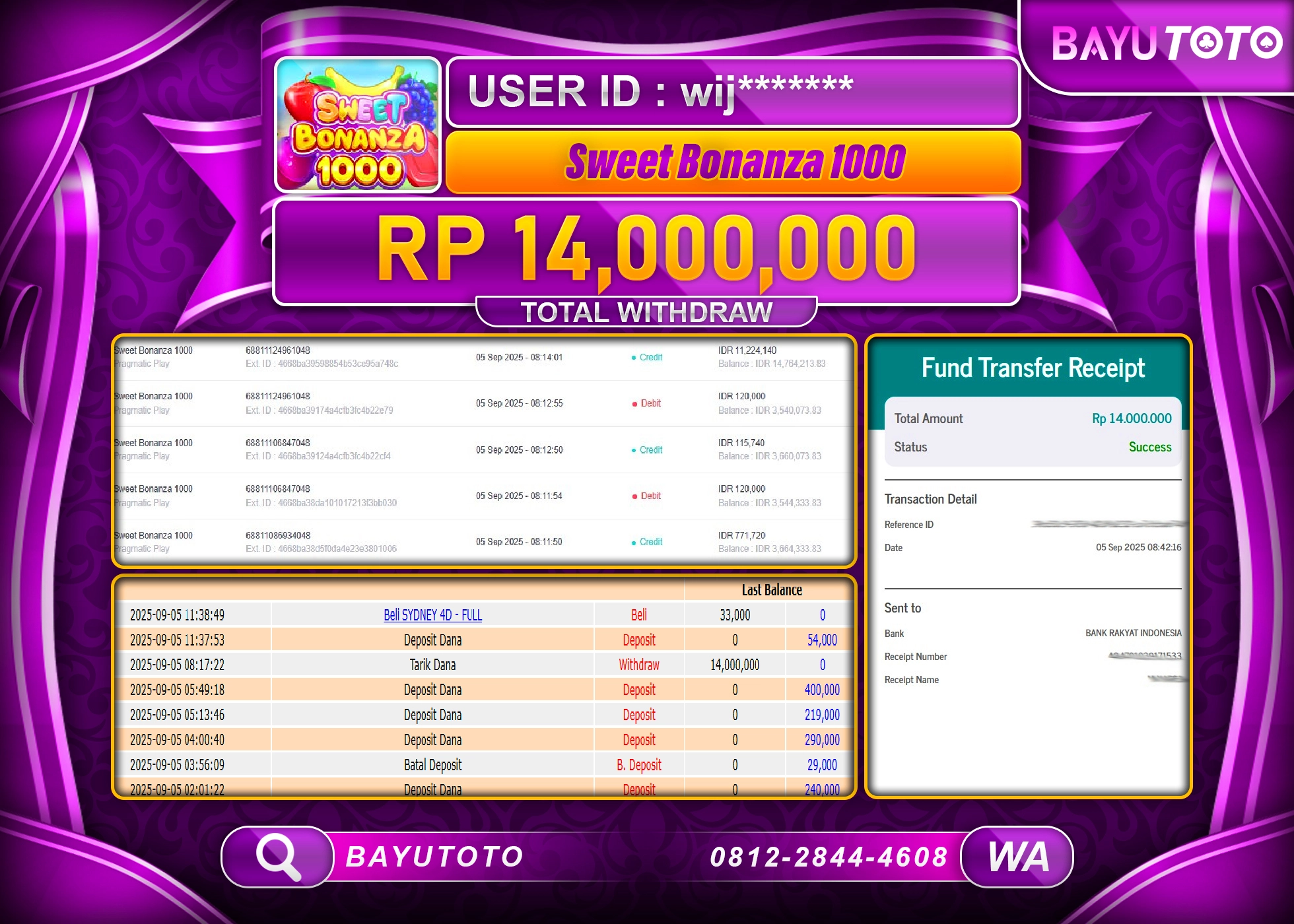BAYUTOTO JACKPOT DI SLOT PRAGMATIC SWEET BONANZA Rp.14,000,000 LUNAS