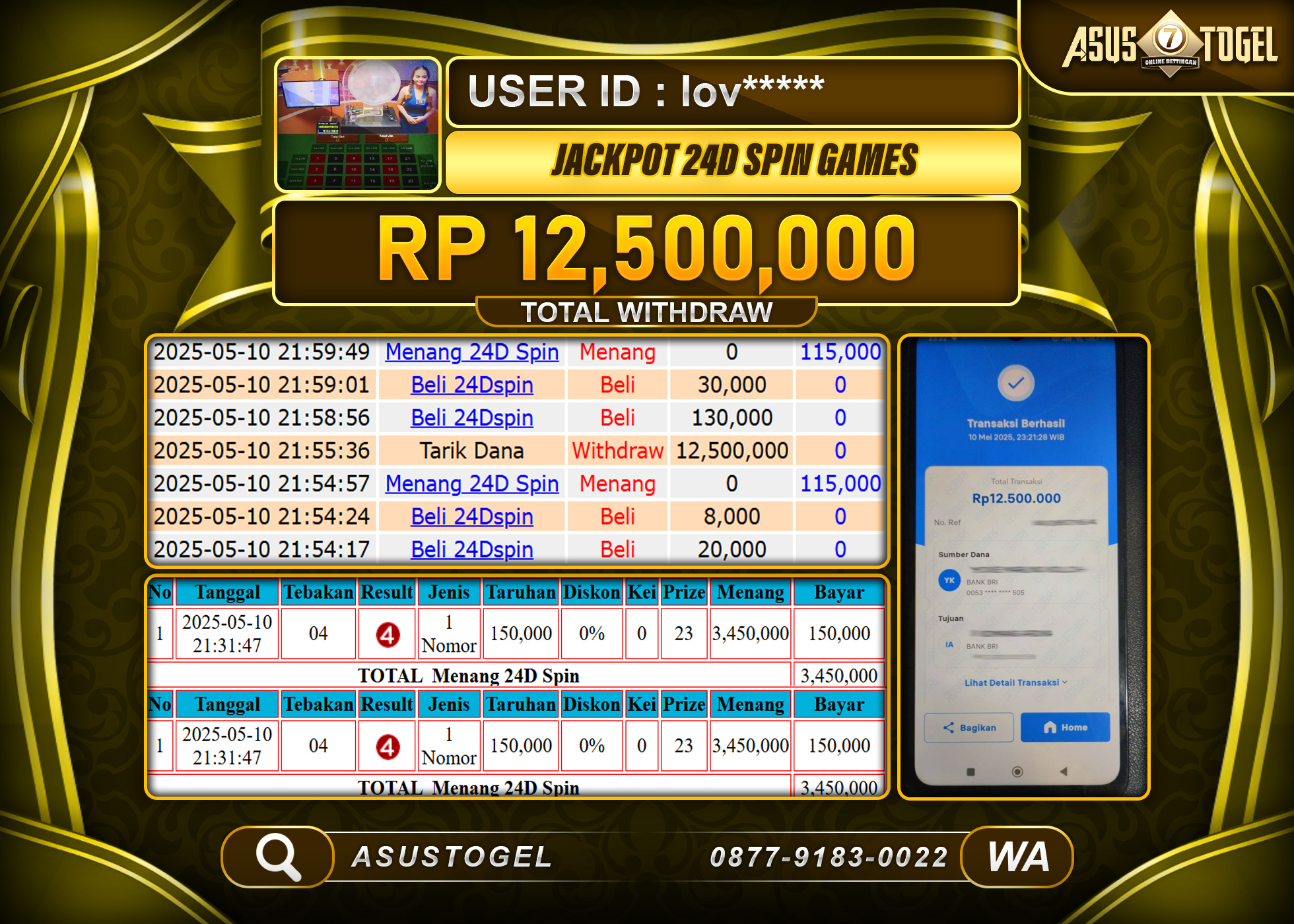 ASUSTOGEL KEMENANGAN DI LIVE 24D SPIN GAME SEBESAR 12,500,000- RUPIAH LUNAS