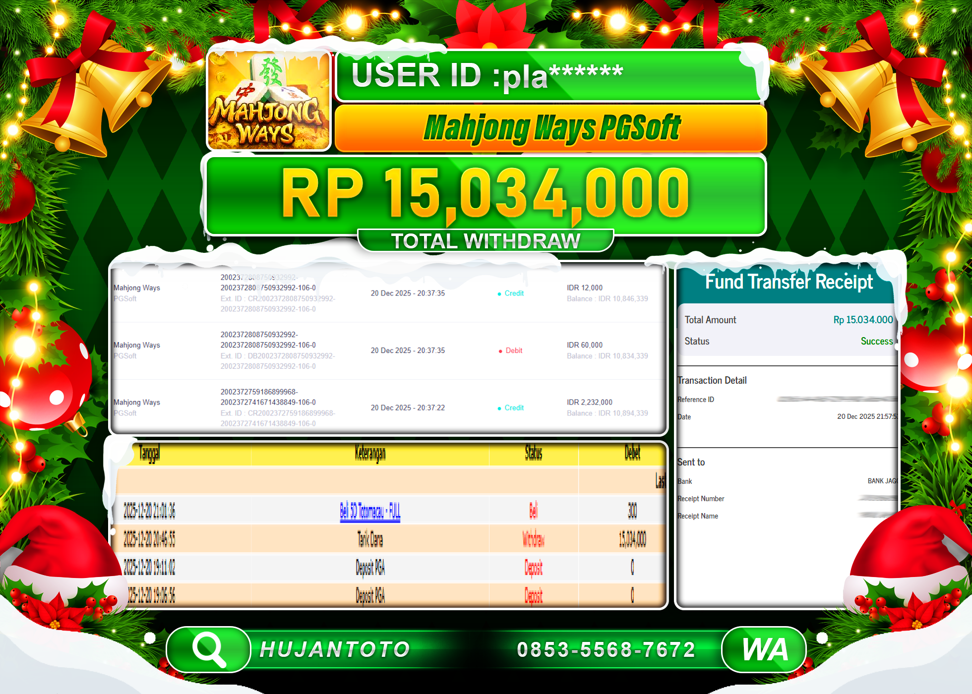 HUJANTOTO - BUKTI JACKPOT MENANG SLOT MAHJONG WAYS  PG SOFT Rp.15,034,000 - TERBAYAR LUNAS