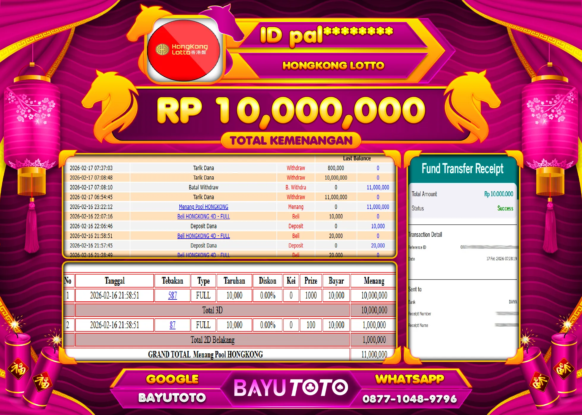 SELAMAT MEMBER SETIA BAYUTOTO JACKPOT DI TOGEL HONGKONG LOTTO Rp. 10,000,000 LUNAS