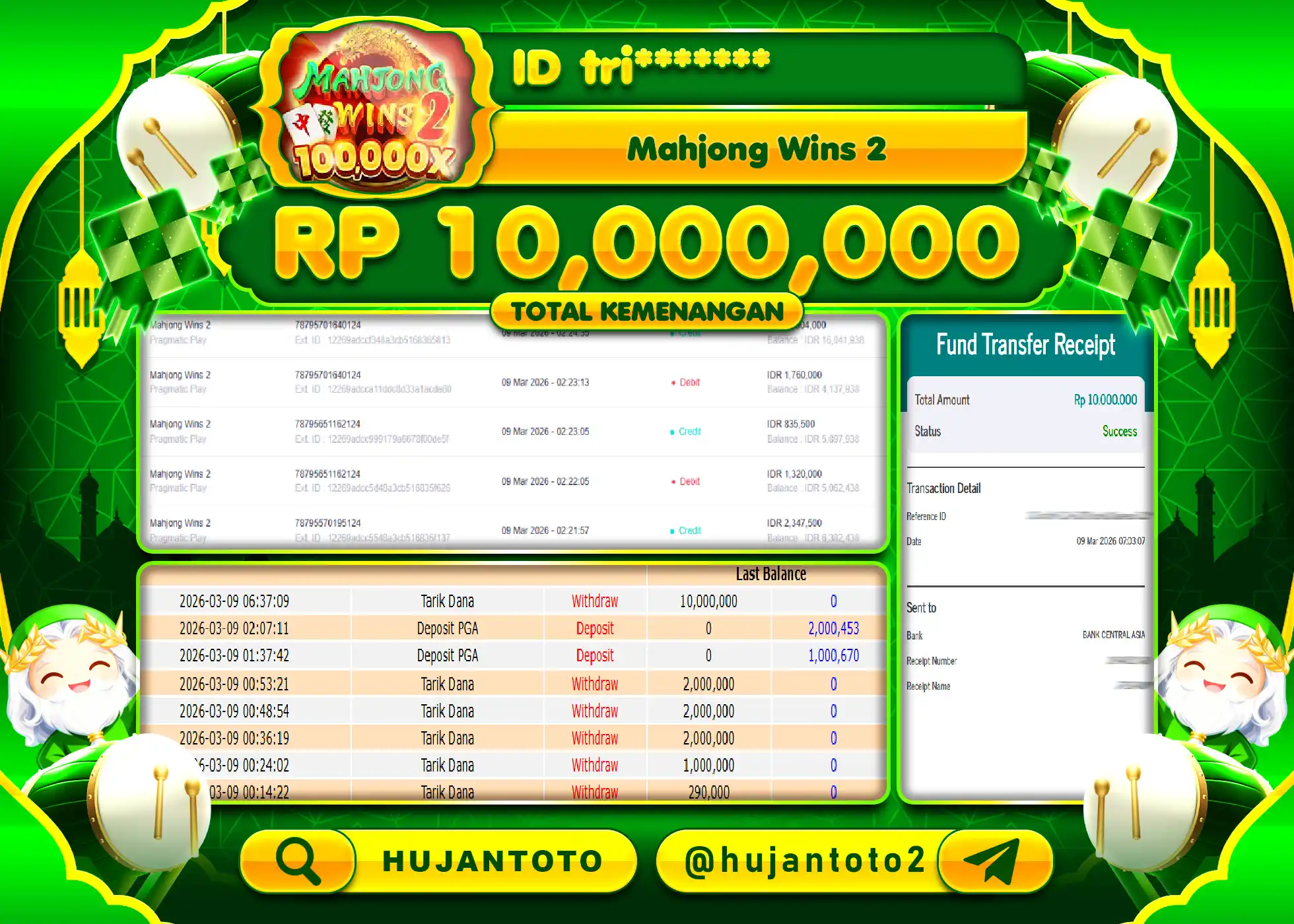 HUJANTOTO - BUKTI JACKPOT MENANG SLOT MAHJONG WINS 2 Rp.10,000,000 - TERBAYAR LUNAS