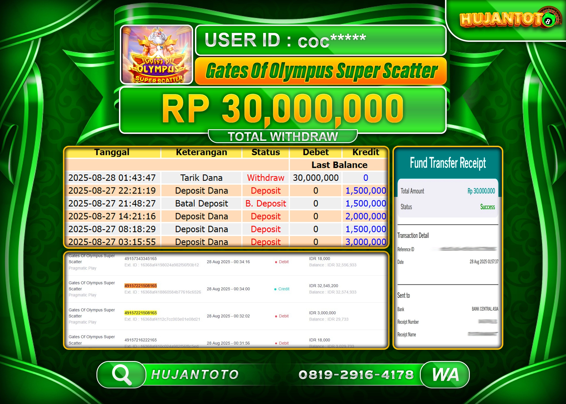 HUJANTOTO - BUKTI JACKPOT GATES OF OLYMPUS SUPER SCATTER Rp.30,000,000 - TERBAYAR LUNAS